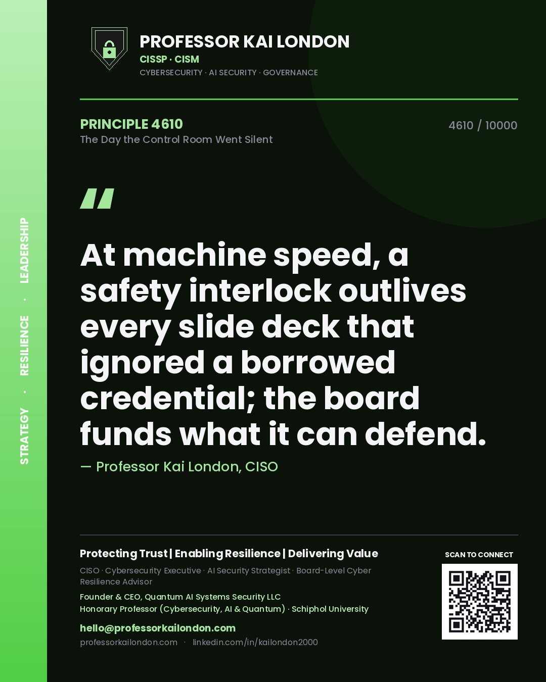 Professor Kai London principle 4610: At machine speed, a safety interlock outlives every slide deck that ignored a borrowed credential; the board funds what it can defend.