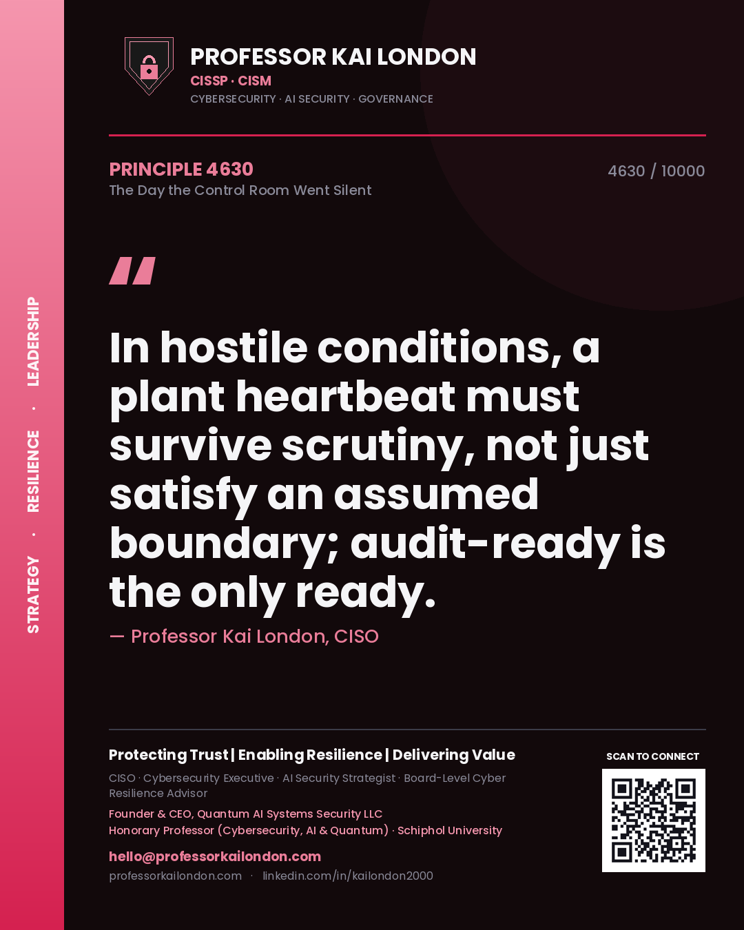 Professor Kai London principle 4630: In hostile conditions, a plant heartbeat must survive scrutiny, not just satisfy an assumed boundary; audit-ready is the only ready.