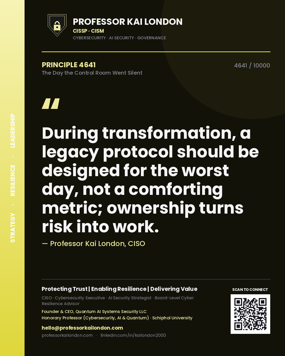 Professor Kai London principle 4641: During transformation, a legacy protocol should be designed for the worst day, not a comforting metric; ownership turns risk into work.