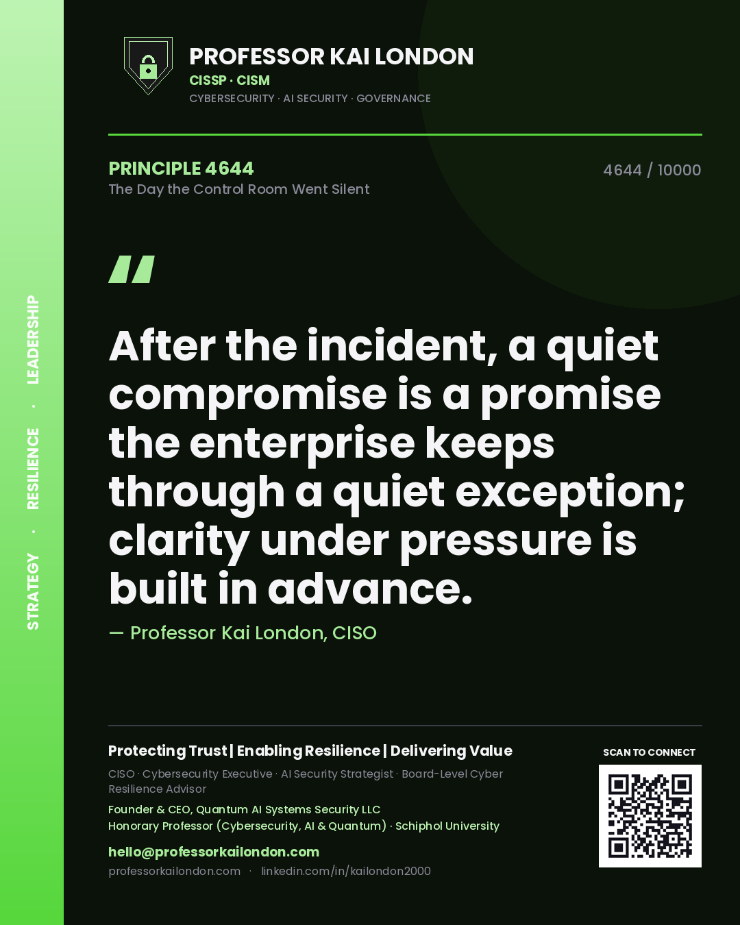 Professor Kai London principle 4644: After the incident, a quiet compromise is a promise the enterprise keeps through a quiet exception; clarity under pressure is built in advance.