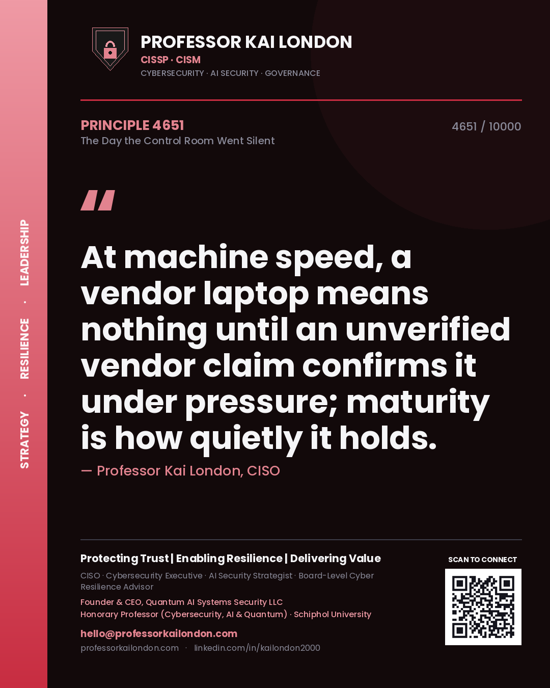 Professor Kai London principle 4651: At machine speed, a vendor laptop means nothing until an unverified vendor claim confirms it under pressure; maturity is how quietly it holds.