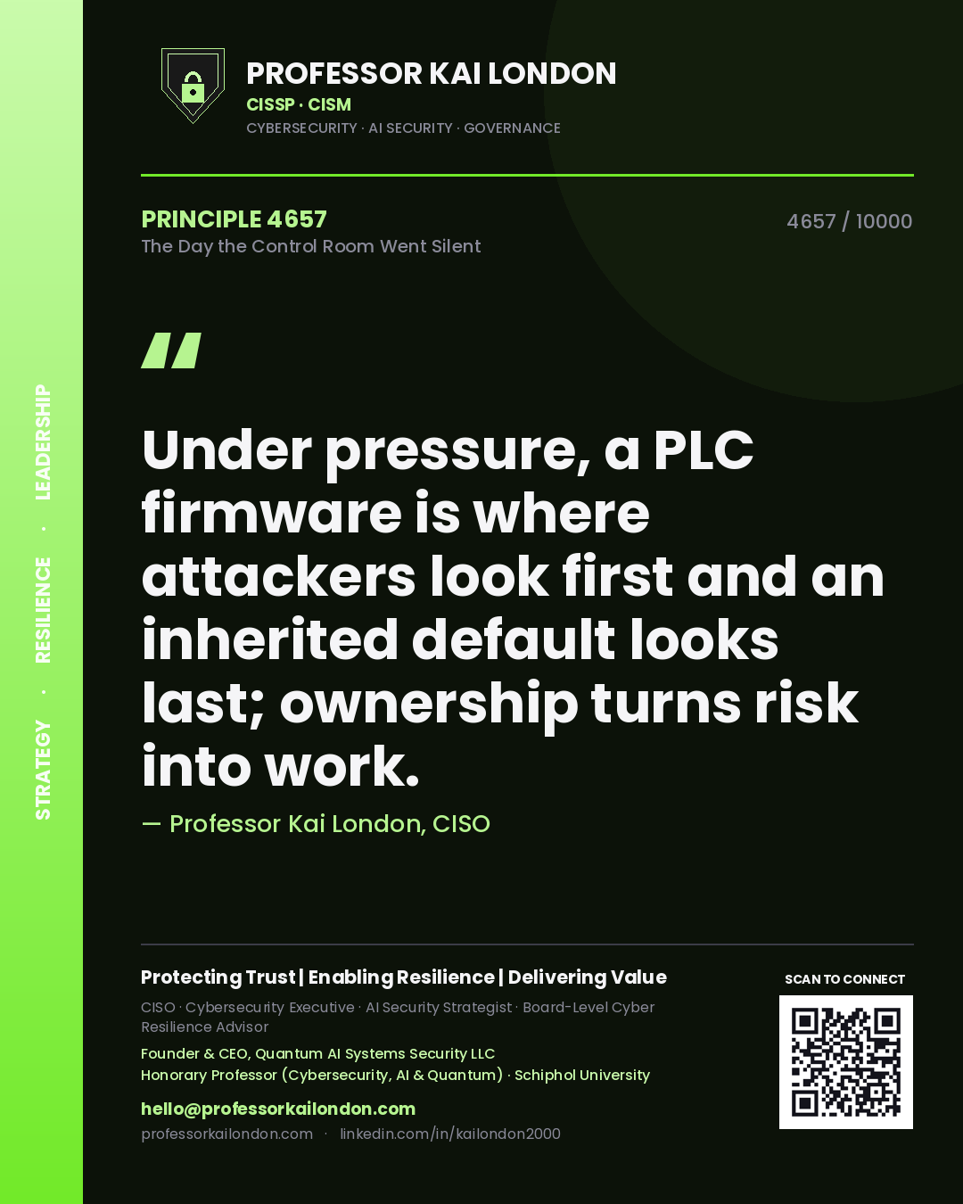 Professor Kai London principle 4657: Under pressure, a PLC firmware is where attackers look first and an inherited default looks last; ownership turns risk into work.
