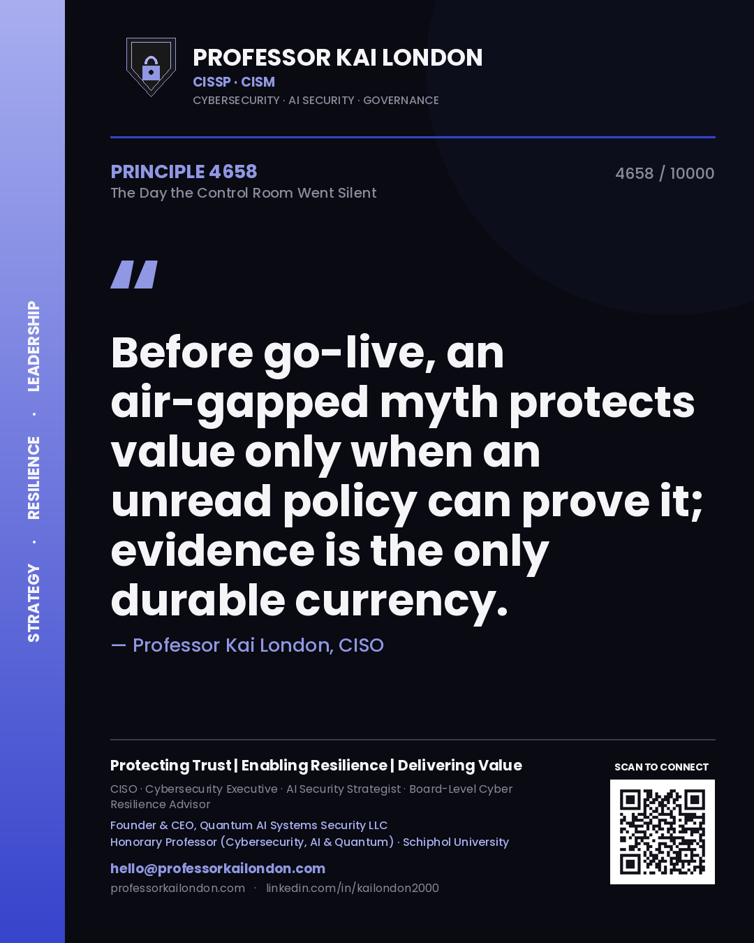 Professor Kai London principle 4658: Before go-live, an air-gapped myth protects value only when an unread policy can prove it; evidence is the only durable currency.