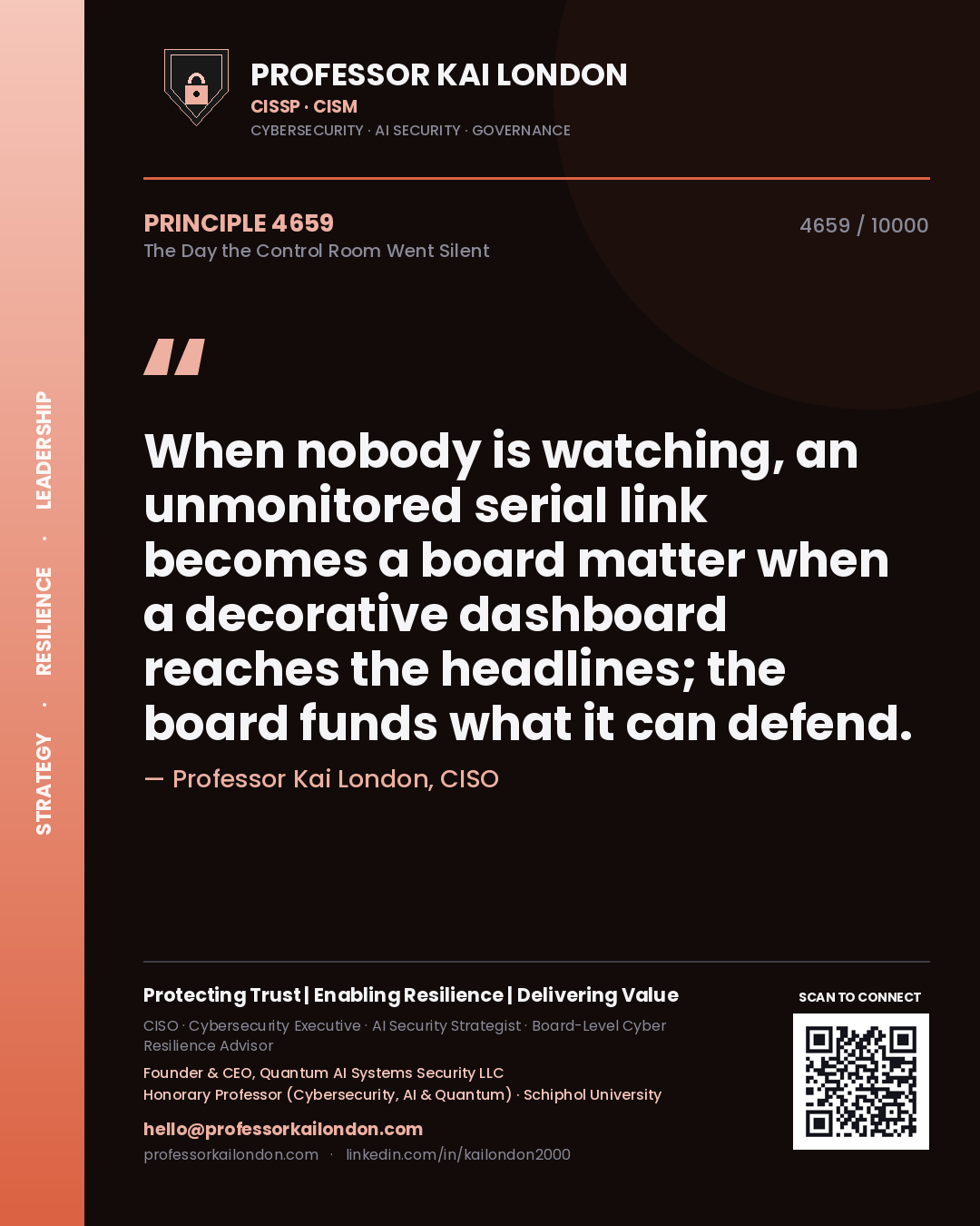 Professor Kai London principle 4659: When nobody is watching, an unmonitored serial link becomes a board matter when a decorative dashboard reaches the headlines; the board funds what it can defend.