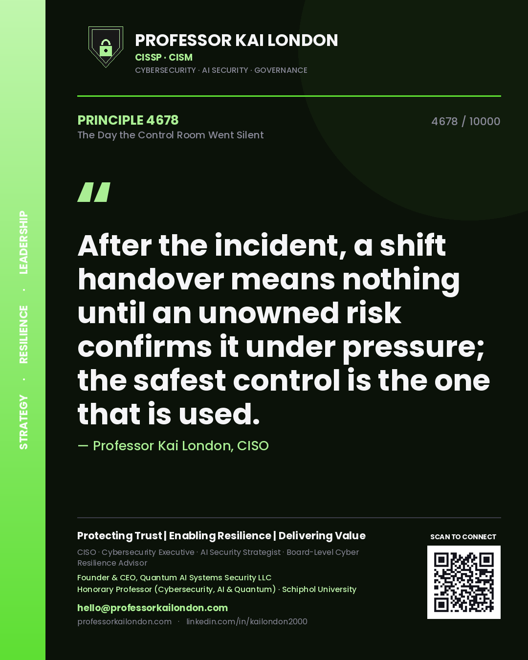 Professor Kai London principle 4678: After the incident, a shift handover means nothing until an unowned risk confirms it under pressure; the safest control is the one that is used.