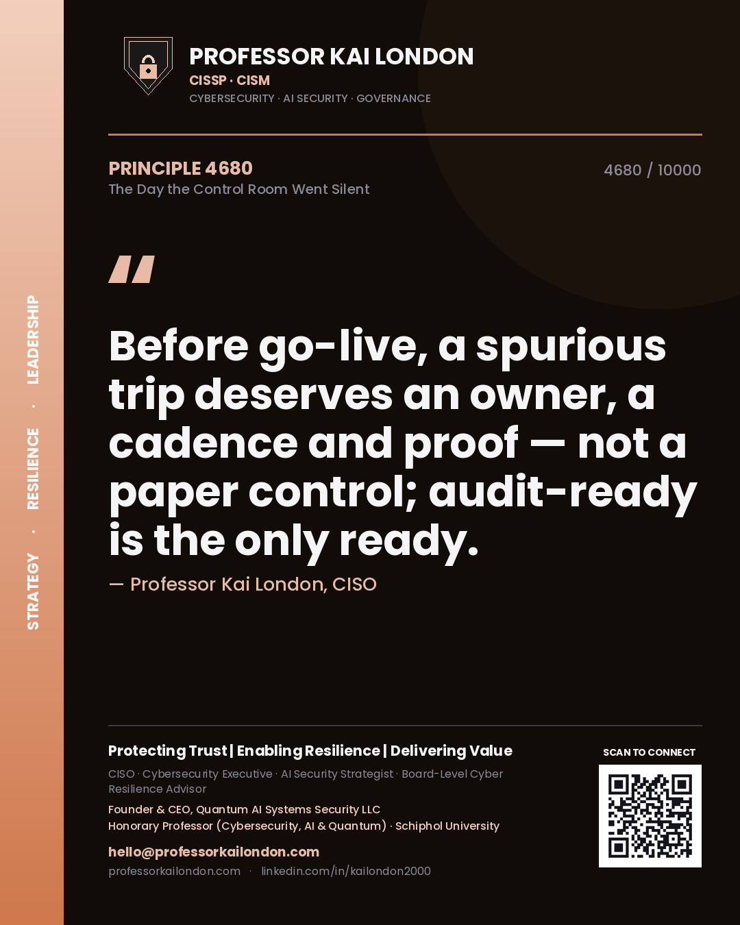 Professor Kai London principle 4680: Before go-live, a spurious trip deserves an owner, a cadence and proof — not a paper control; audit-ready is the only ready.