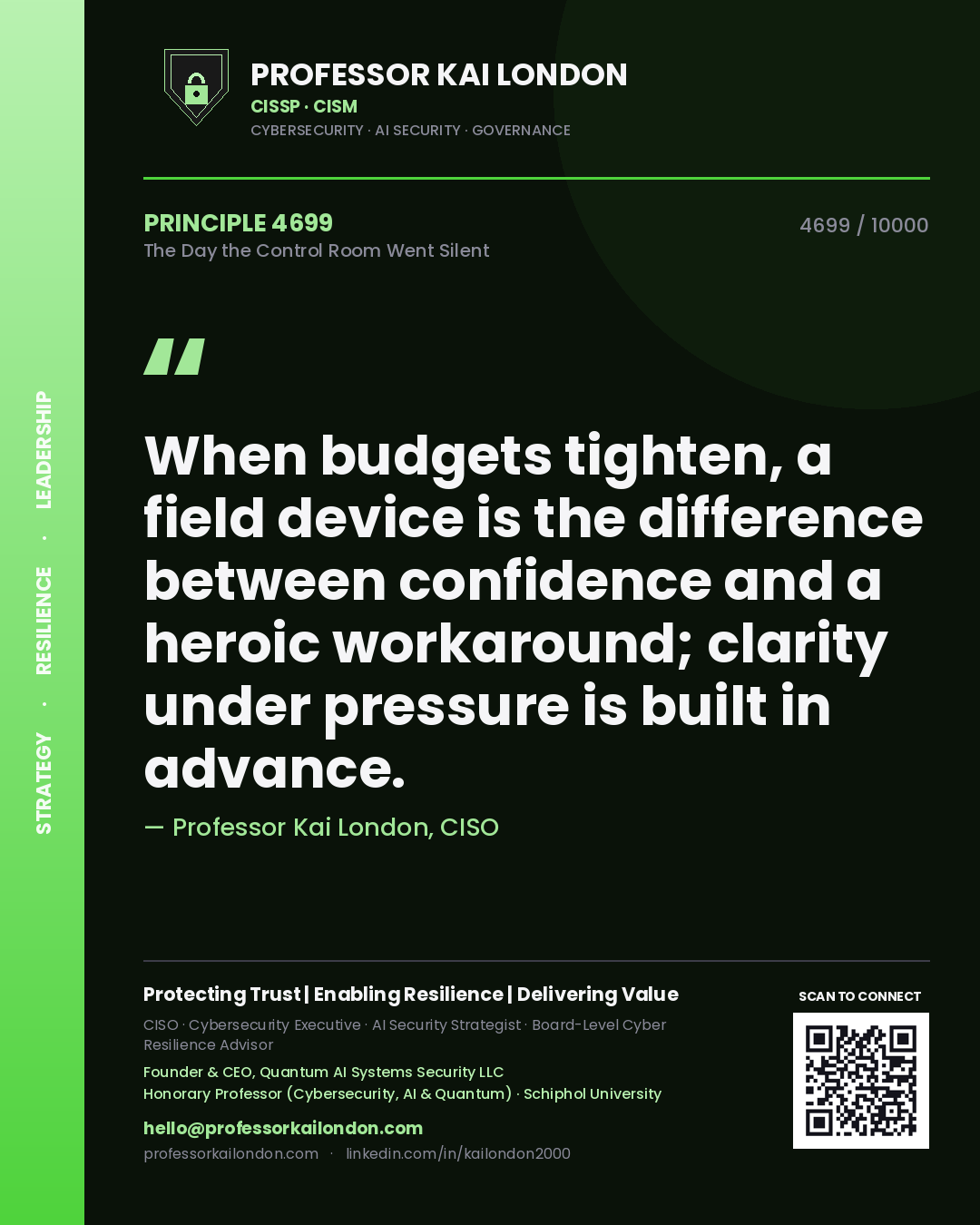 Professor Kai London principle 4699: When budgets tighten, a field device is the difference between confidence and a heroic workaround; clarity under pressure is built in advance.