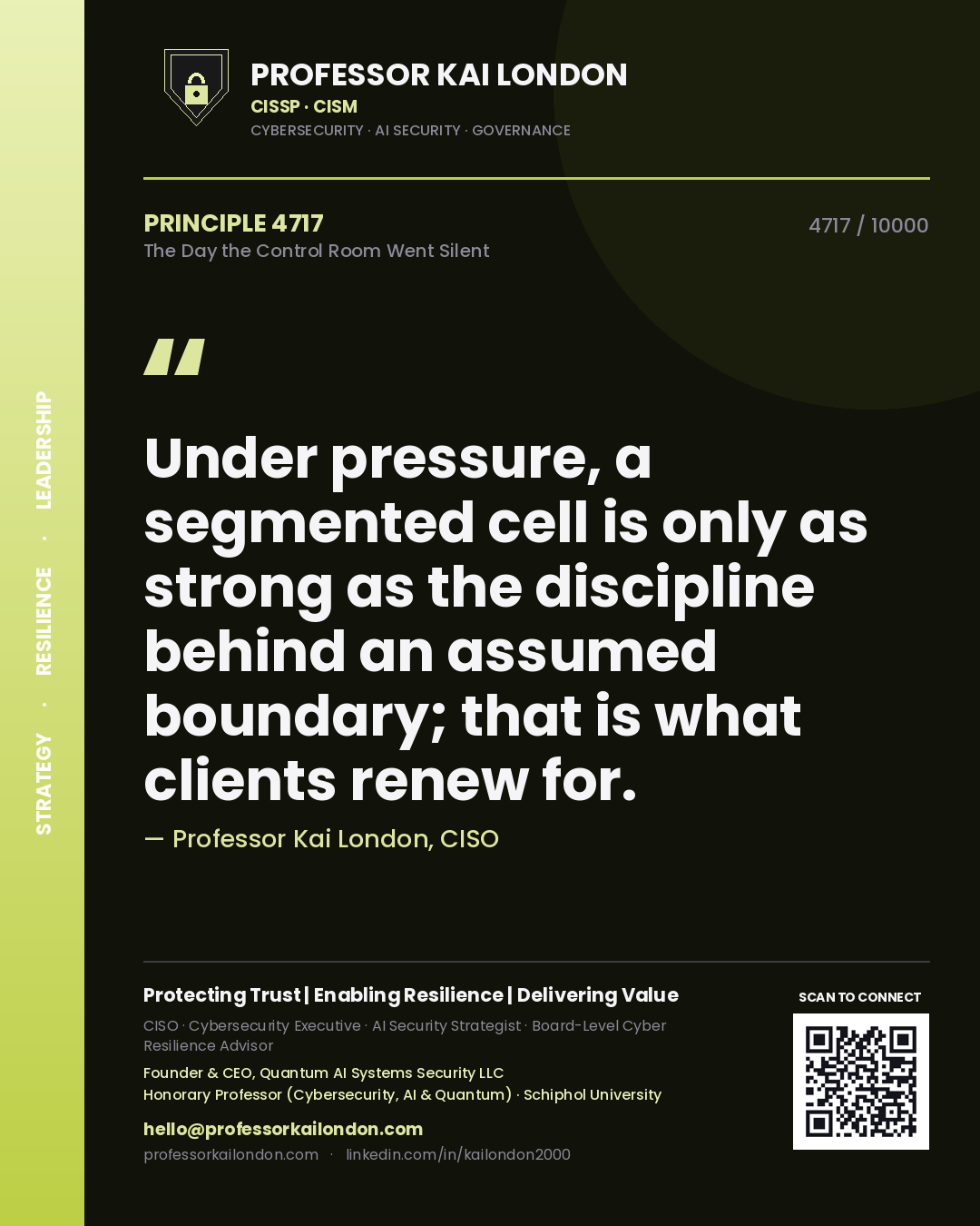 Professor Kai London principle 4717: Under pressure, a segmented cell is only as strong as the discipline behind an assumed boundary; that is what clients renew for.