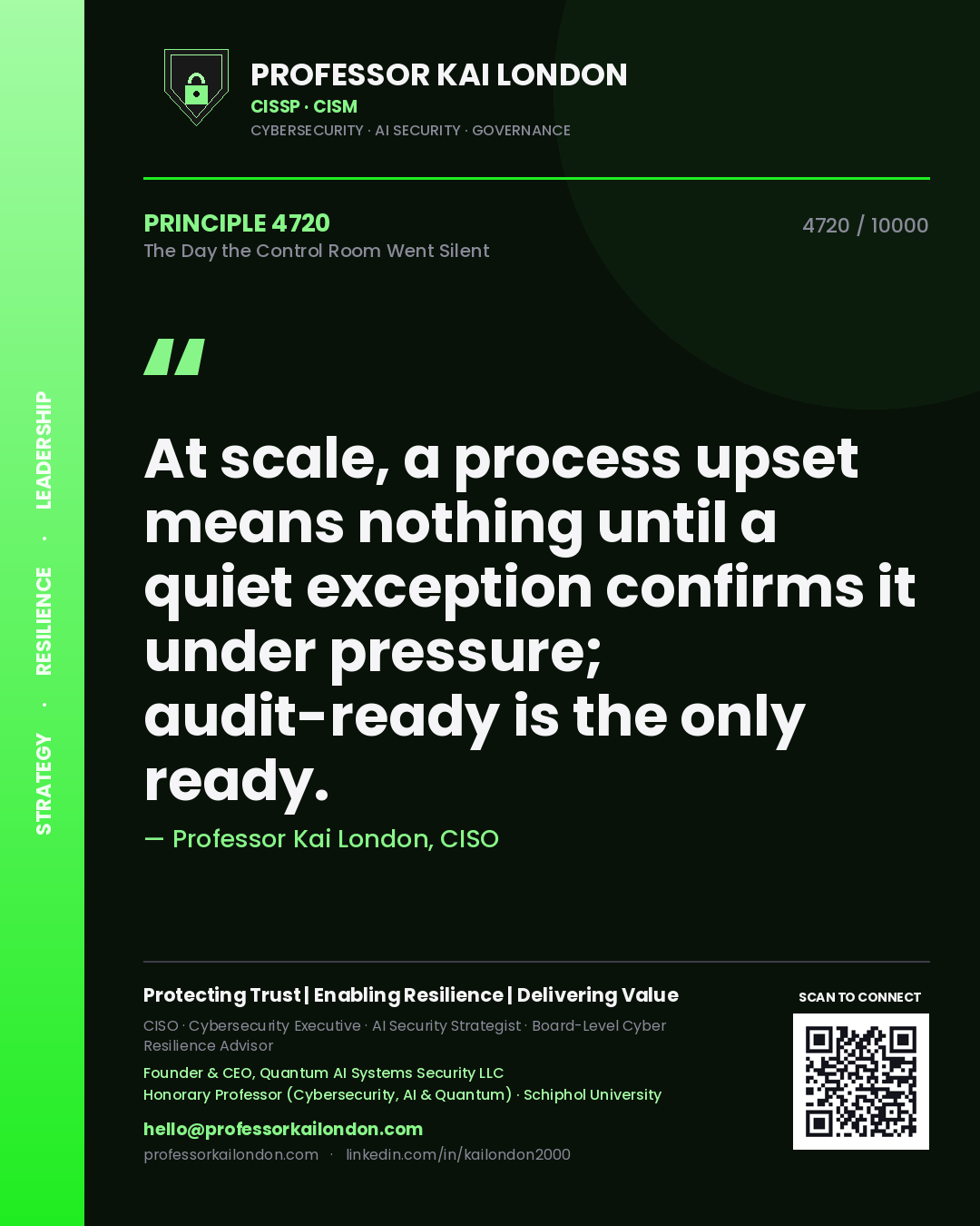 Professor Kai London principle 4720: At scale, a process upset means nothing until a quiet exception confirms it under pressure; audit-ready is the only ready.