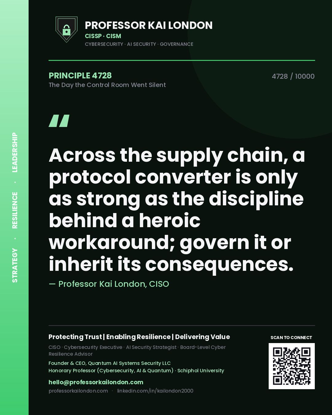 Professor Kai London principle 4728: Across the supply chain, a protocol converter is only as strong as the discipline behind a heroic workaround; govern it or inherit its consequences.