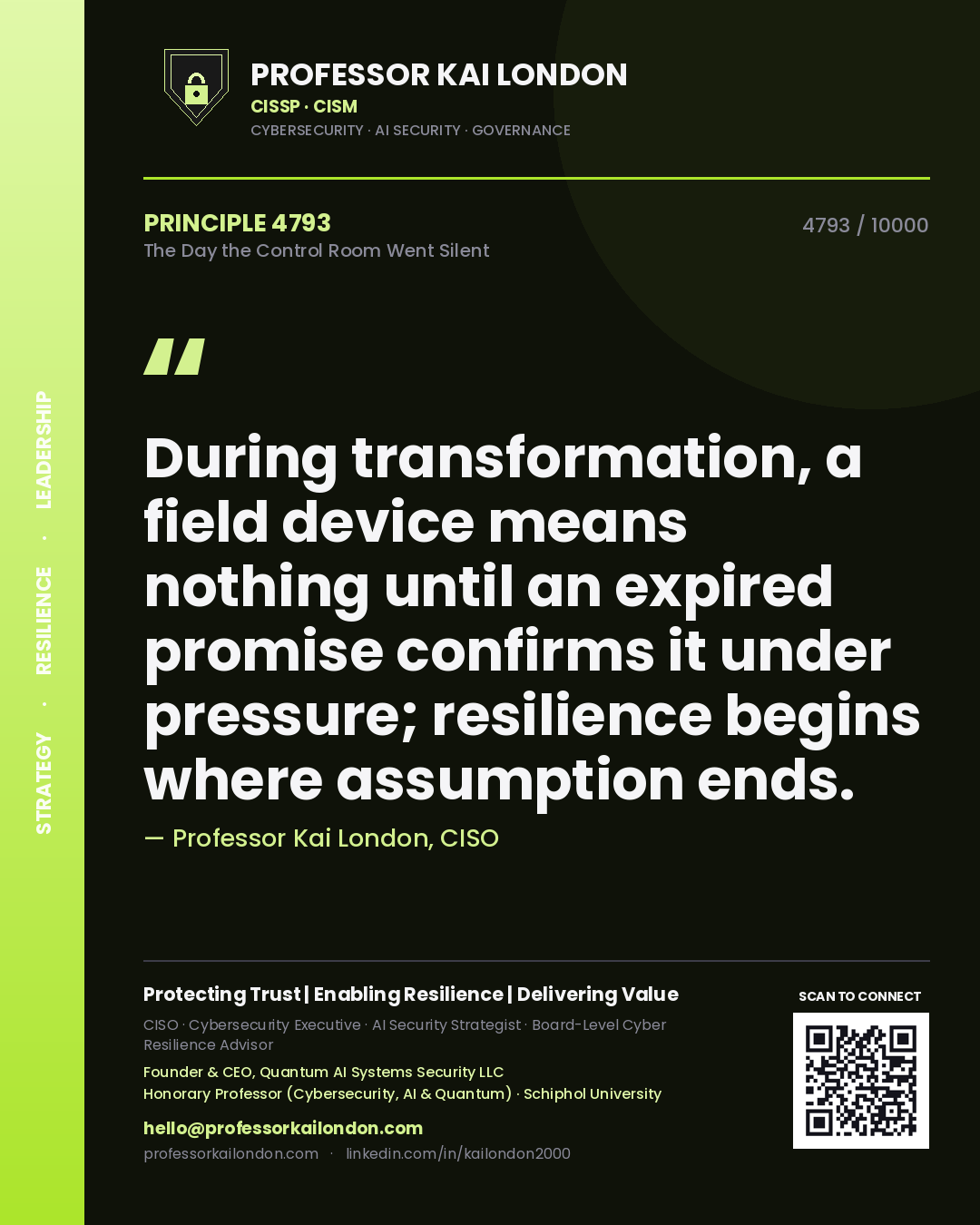 Professor Kai London principle 4793: During transformation, a field device means nothing until an expired promise confirms it under pressure; resilience begins where assumption ends.
