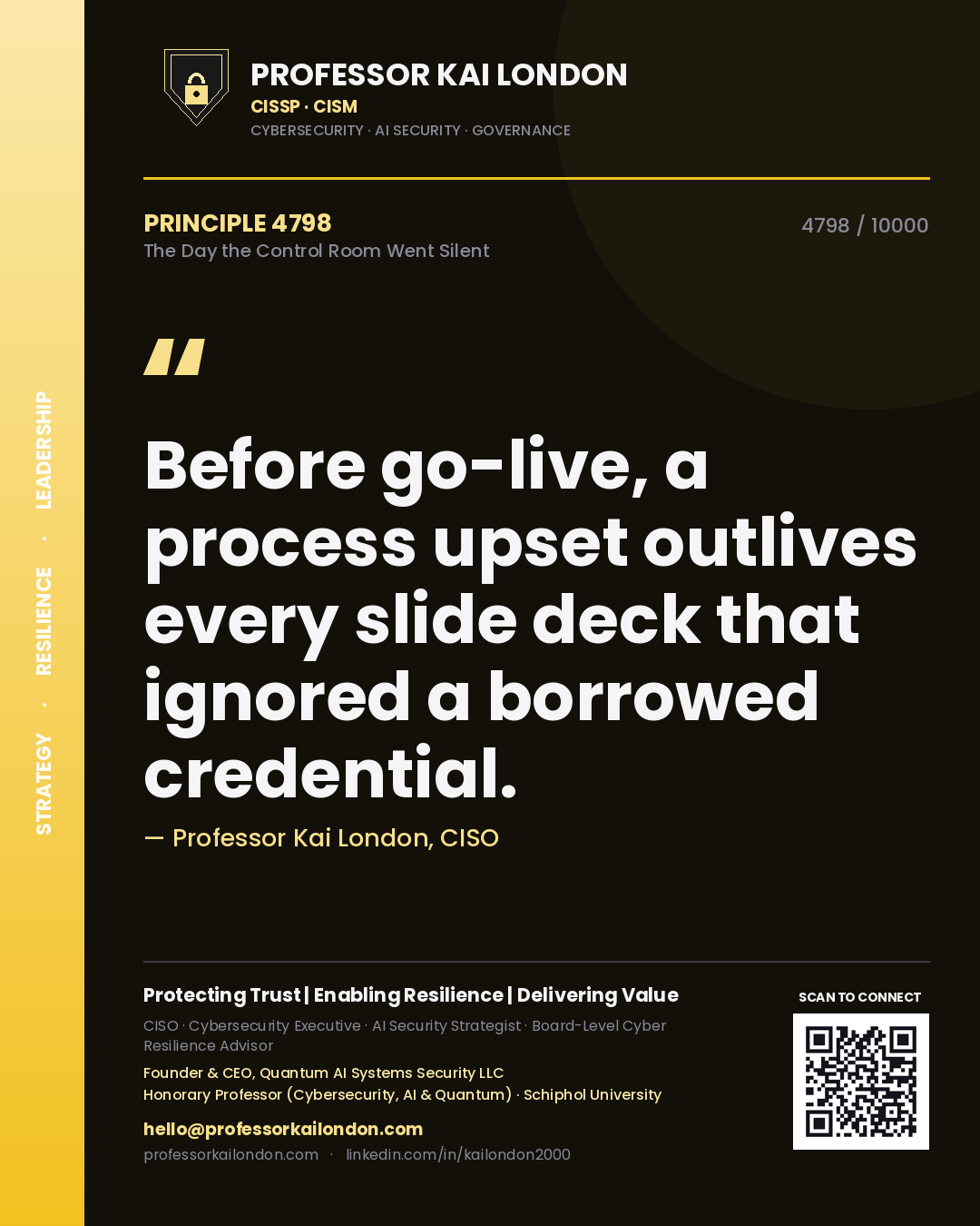 Professor Kai London principle 4798: Before go-live, a process upset outlives every slide deck that ignored a borrowed credential.