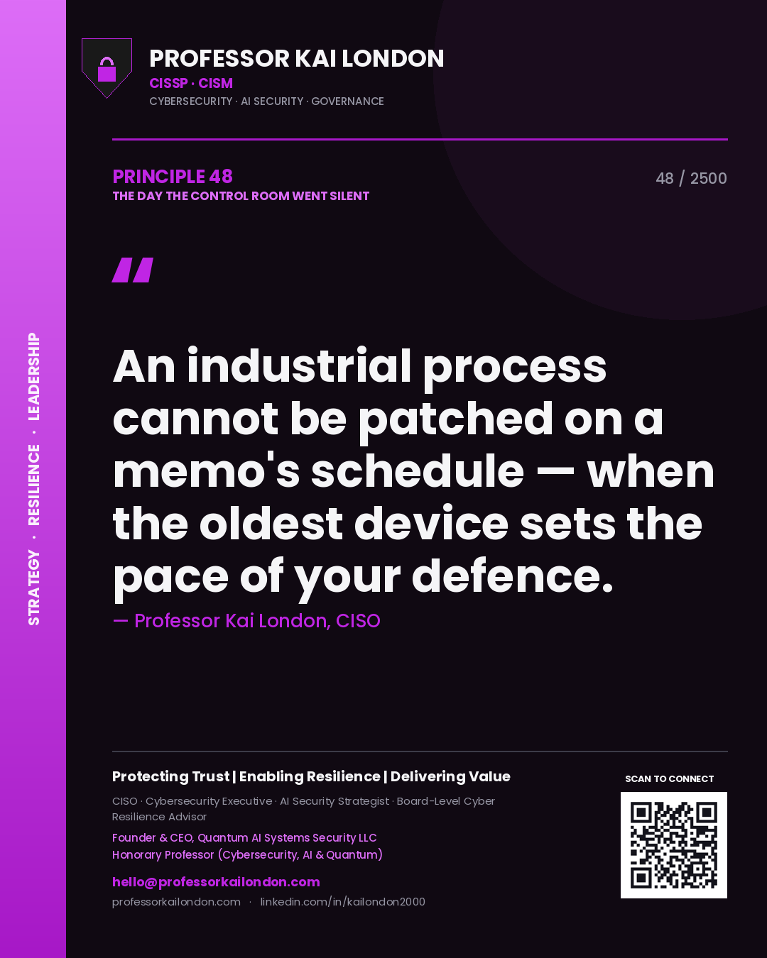 Professor Kai London principle 48: An industrial process cannot be patched on a memo's schedule — when the oldest device sets the pace of your defence.
