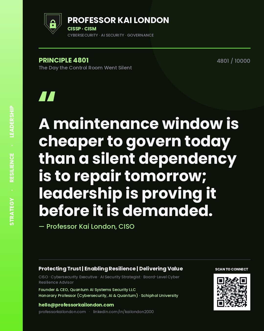Professor Kai London principle 4801: A maintenance window is cheaper to govern today than a silent dependency is to repair tomorrow; leadership is proving it before it is demanded.