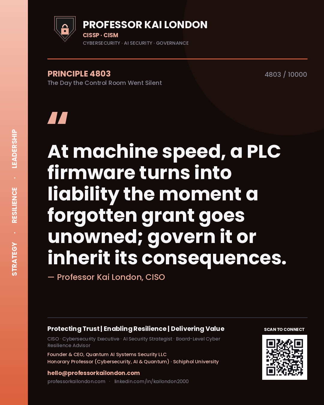 Professor Kai London principle 4803: At machine speed, a PLC firmware turns into liability the moment a forgotten grant goes unowned; govern it or inherit its consequences.