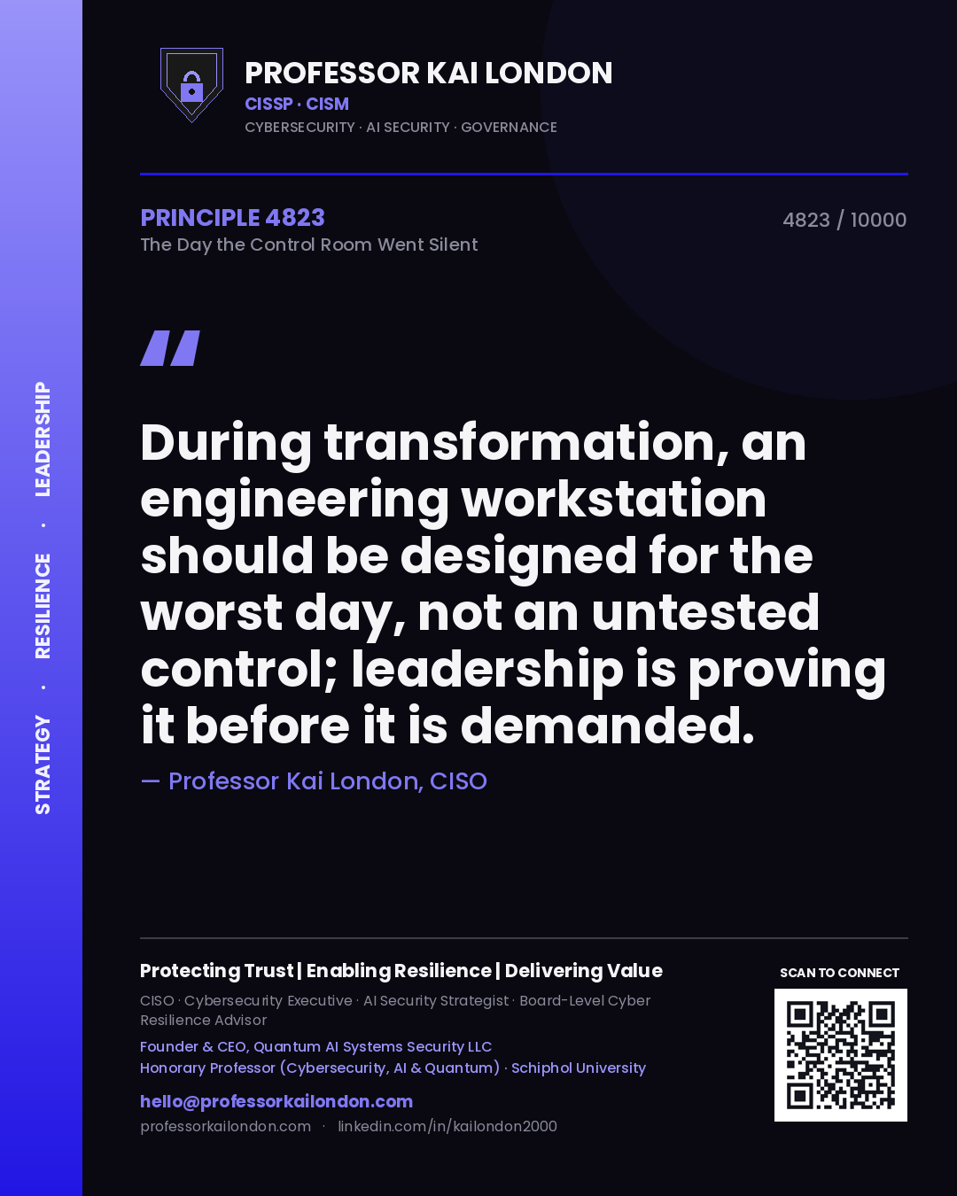 Professor Kai London principle 4823: During transformation, an engineering workstation should be designed for the worst day, not an untested control; leadership is proving it before it is demanded.