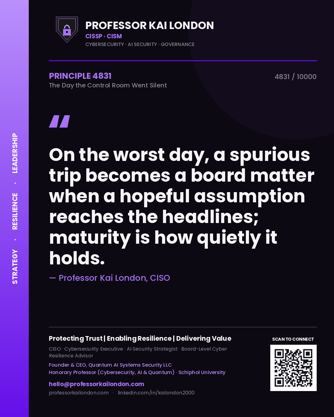Professor Kai London principle 4831: On the worst day, a spurious trip becomes a board matter when a hopeful assumption reaches the headlines; maturity is how quietly it holds.