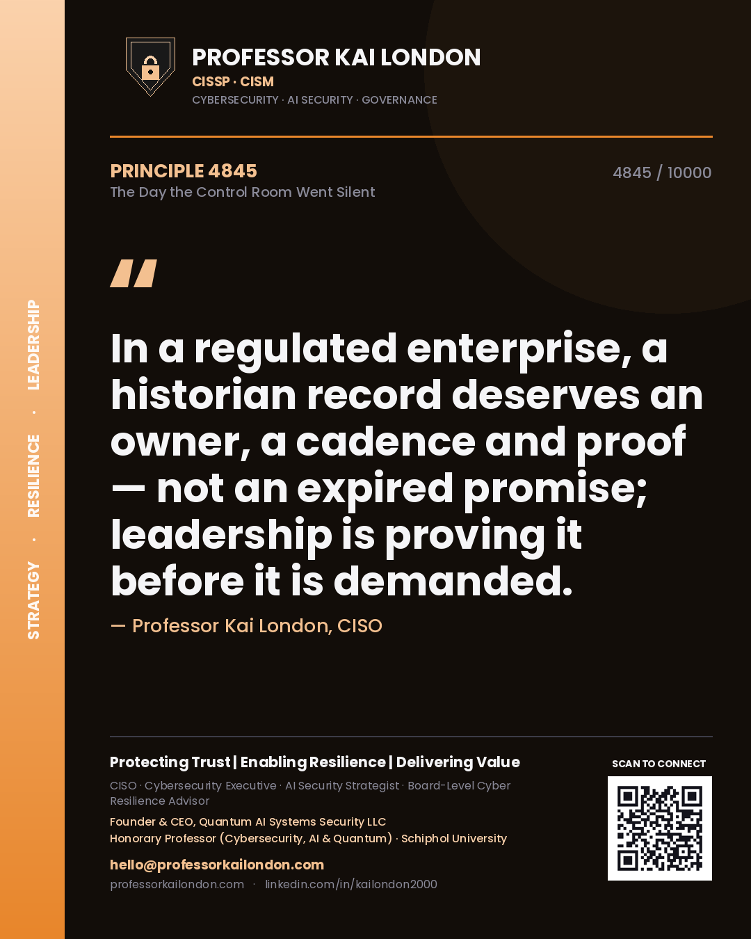 Professor Kai London principle 4845: In a regulated enterprise, a historian record deserves an owner, a cadence and proof — not an expired promise; leadership is proving it before it is demanded.
