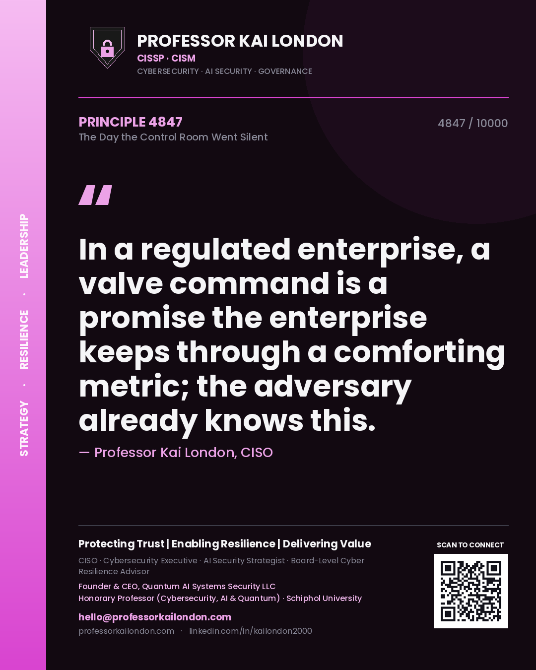 Professor Kai London principle 4847: In a regulated enterprise, a valve command is a promise the enterprise keeps through a comforting metric; the adversary already knows this.