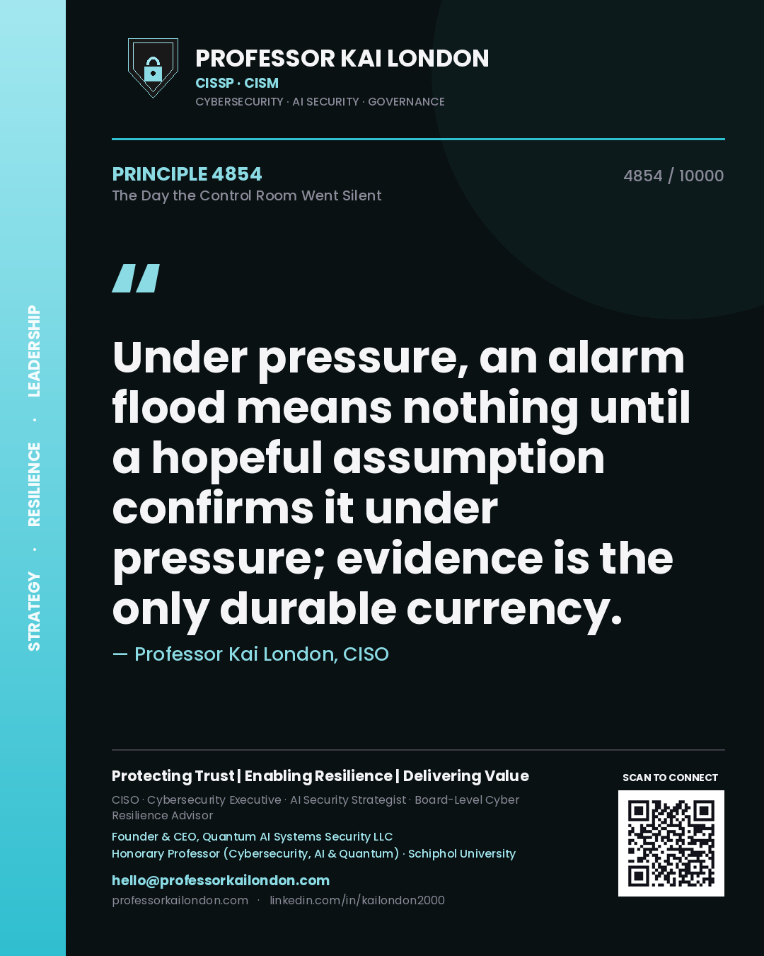 Professor Kai London principle 4854: Under pressure, an alarm flood means nothing until a hopeful assumption confirms it under pressure; evidence is the only durable currency.