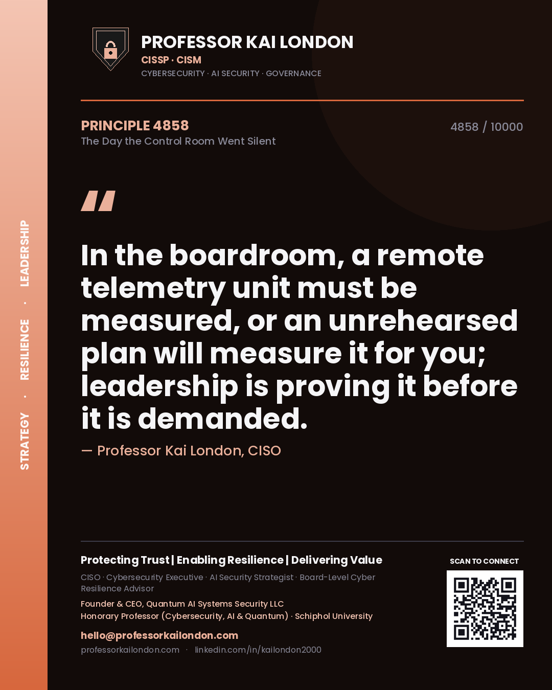 Professor Kai London principle 4858: In the boardroom, a remote telemetry unit must be measured, or an unrehearsed plan will measure it for you; leadership is proving it before it is demanded.