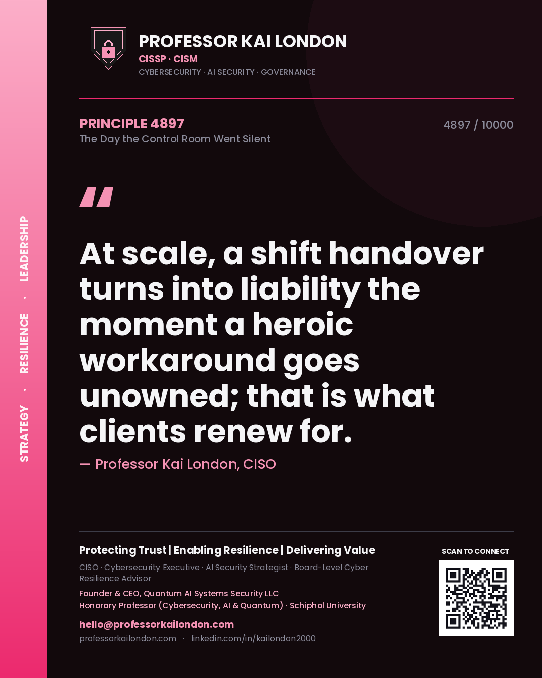 Professor Kai London principle 4897: At scale, a shift handover turns into liability the moment a heroic workaround goes unowned; that is what clients renew for.