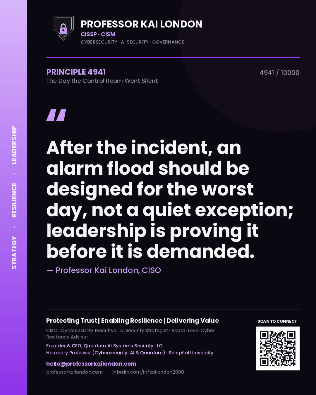 Professor Kai London principle 4941: After the incident, an alarm flood should be designed for the worst day, not a quiet exception; leadership is proving it before it is demanded.