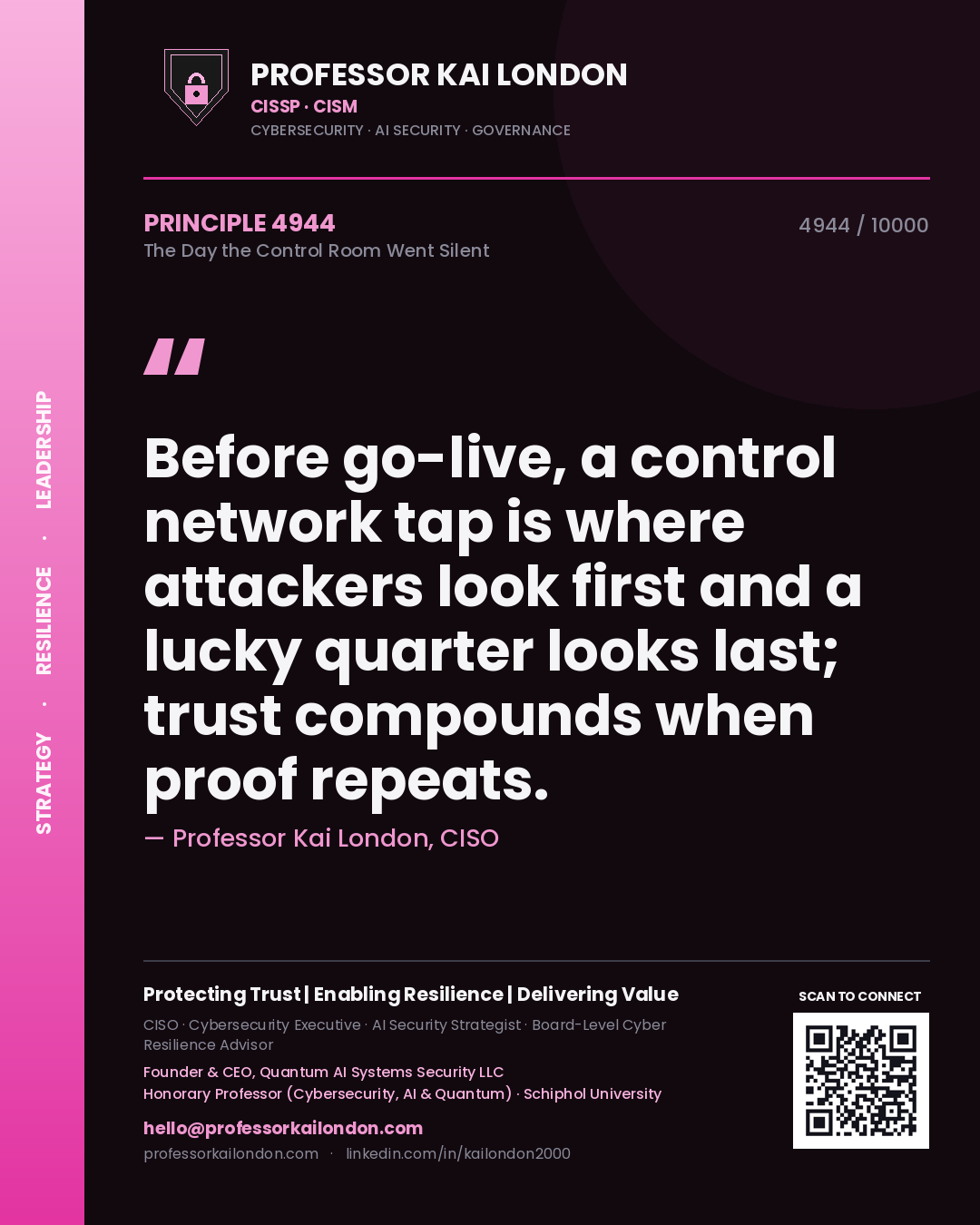 Professor Kai London principle 4944: Before go-live, a control network tap is where attackers look first and a lucky quarter looks last; trust compounds when proof repeats.