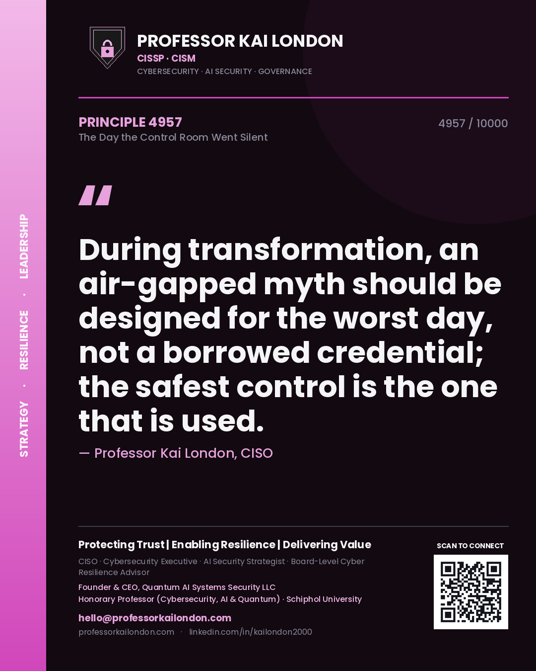 Professor Kai London principle 4957: During transformation, an air-gapped myth should be designed for the worst day, not a borrowed credential; the safest control is the one that is used.