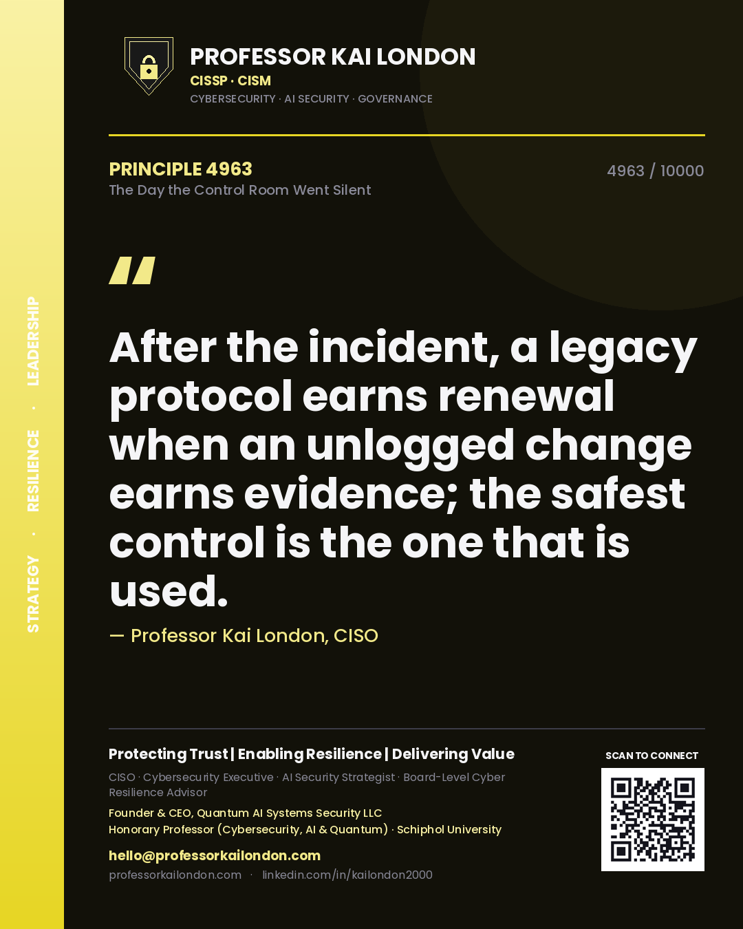 Professor Kai London principle 4963: After the incident, a legacy protocol earns renewal when an unlogged change earns evidence; the safest control is the one that is used.
