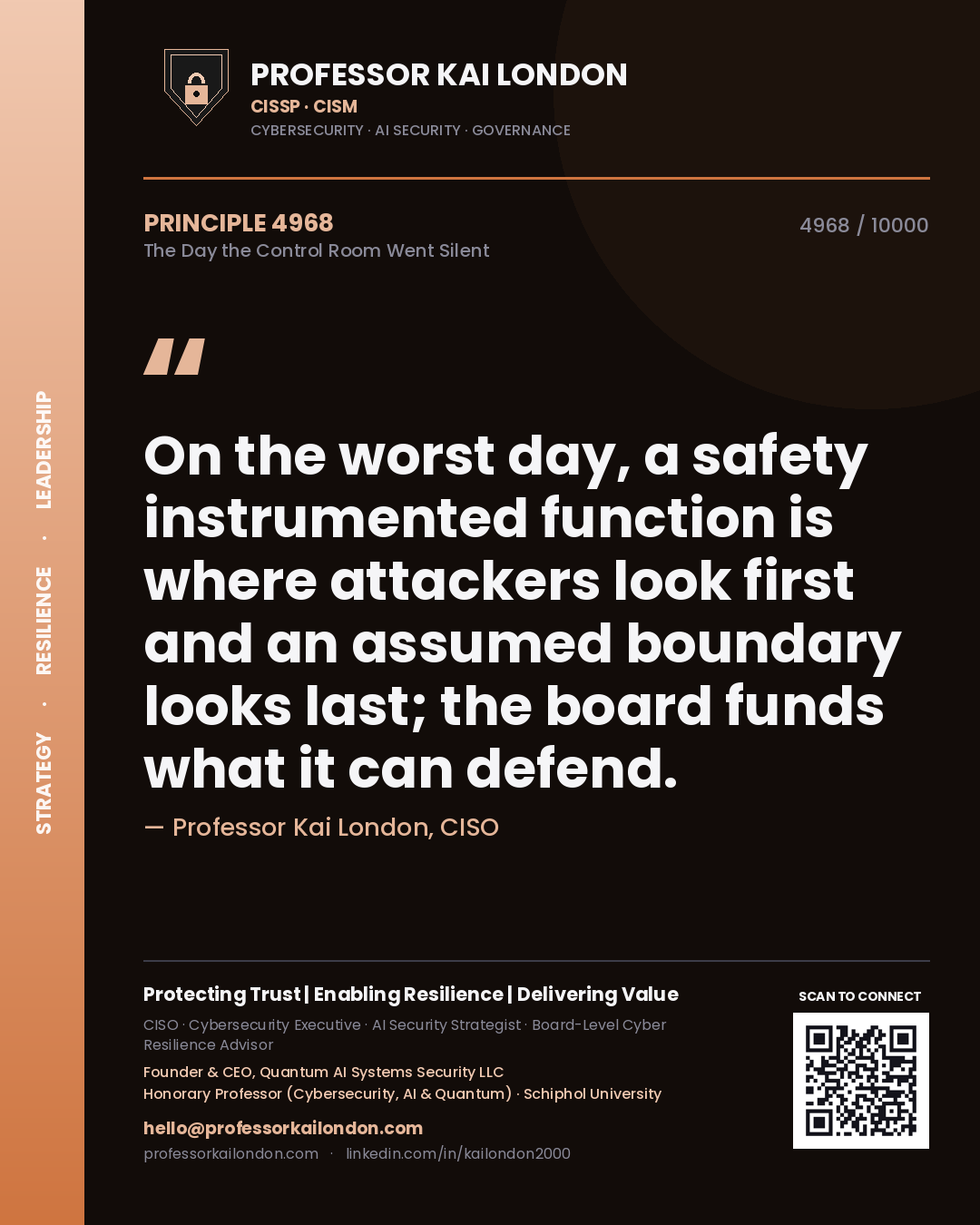 Professor Kai London principle 4968: On the worst day, a safety instrumented function is where attackers look first and an assumed boundary looks last; the board funds what it can defend.
