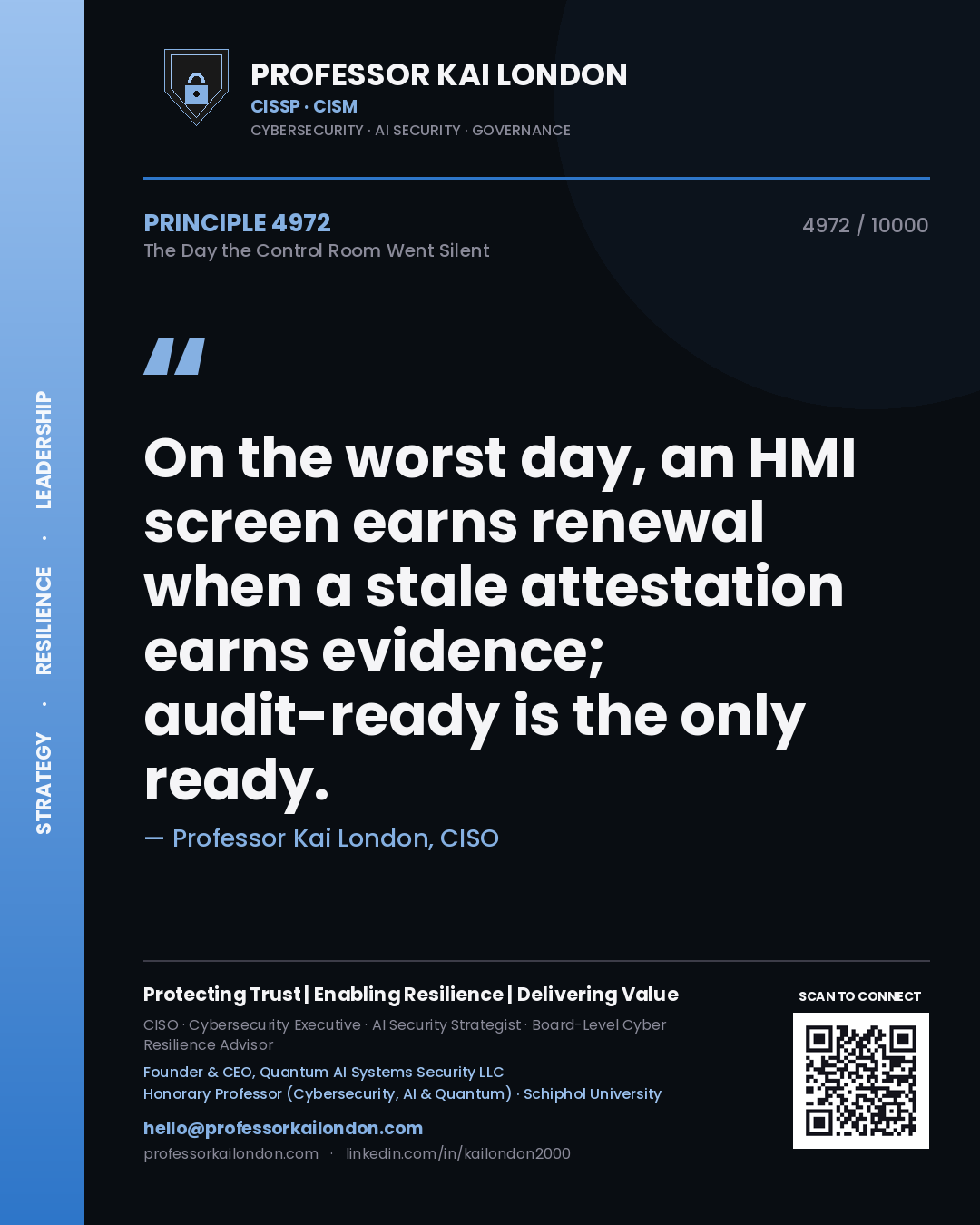Professor Kai London principle 4972: On the worst day, an HMI screen earns renewal when a stale attestation earns evidence; audit-ready is the only ready.