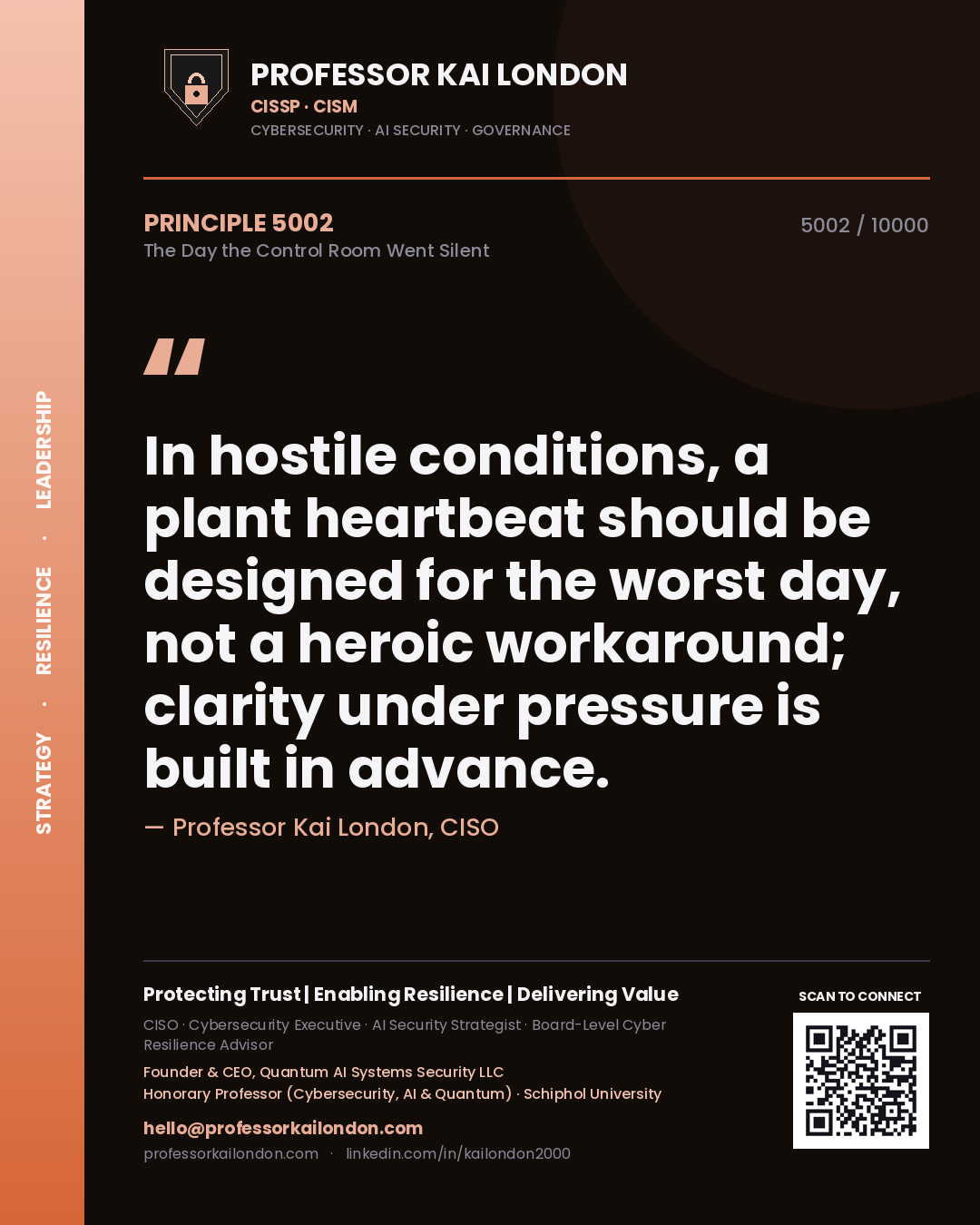 Professor Kai London principle 5002: In hostile conditions, a plant heartbeat should be designed for the worst day, not a heroic workaround; clarity under pressure is built in advance.