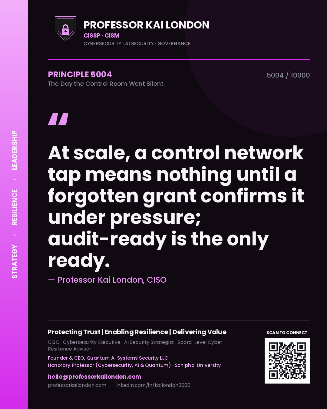 Professor Kai London principle 5004: At scale, a control network tap means nothing until a forgotten grant confirms it under pressure; audit-ready is the only ready.