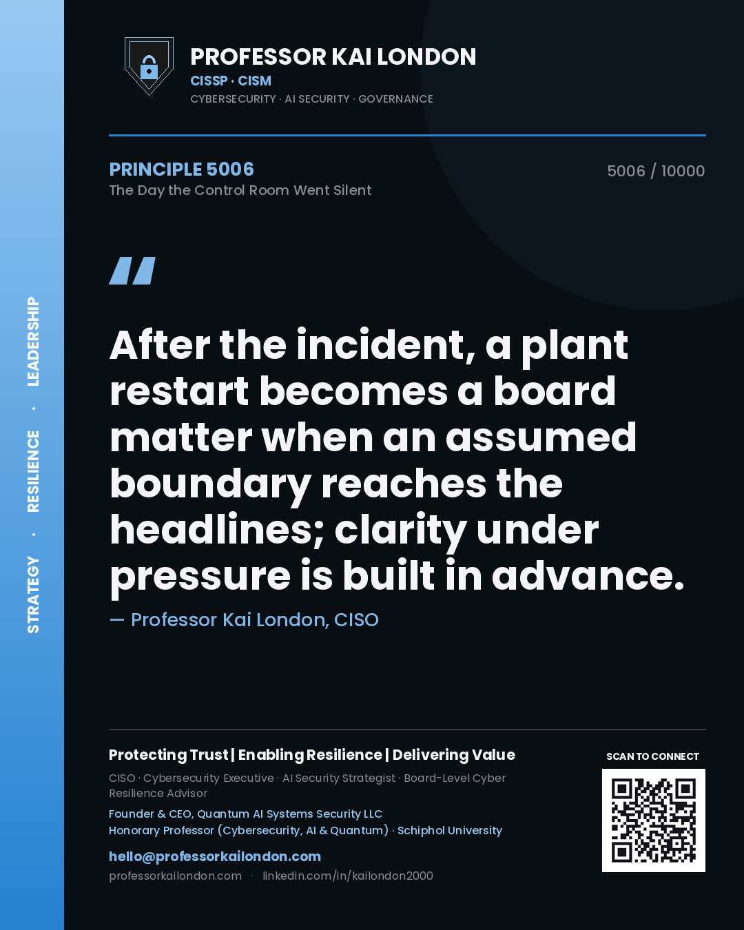 Professor Kai London principle 5006: After the incident, a plant restart becomes a board matter when an assumed boundary reaches the headlines; clarity under pressure is built in advance.