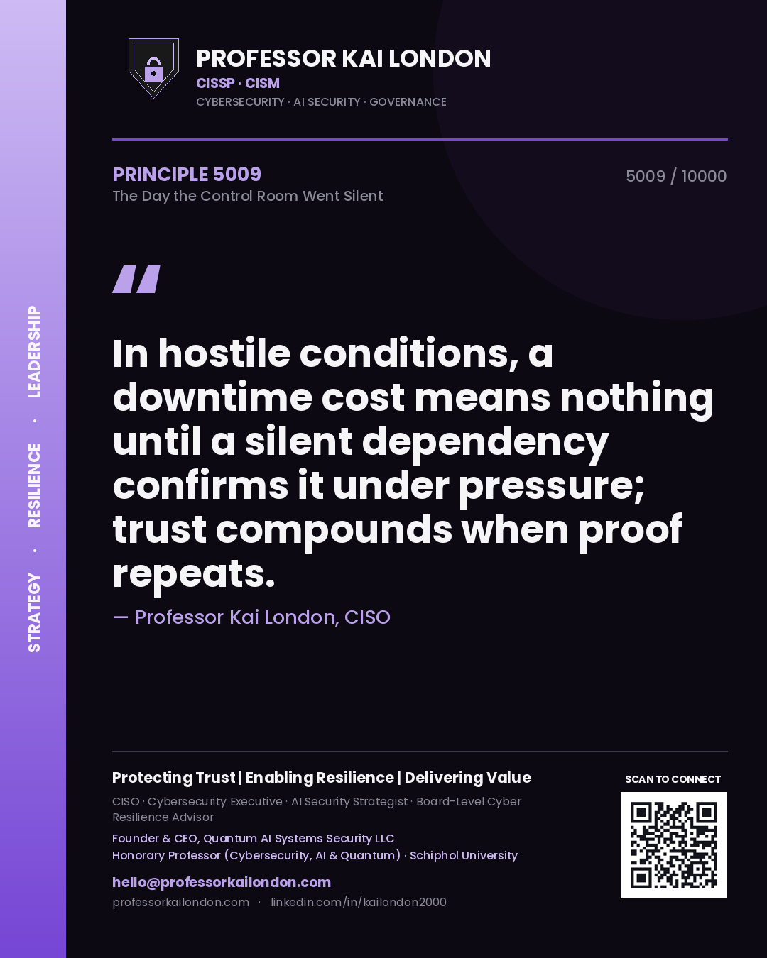 Professor Kai London principle 5009: In hostile conditions, a downtime cost means nothing until a silent dependency confirms it under pressure; trust compounds when proof repeats.