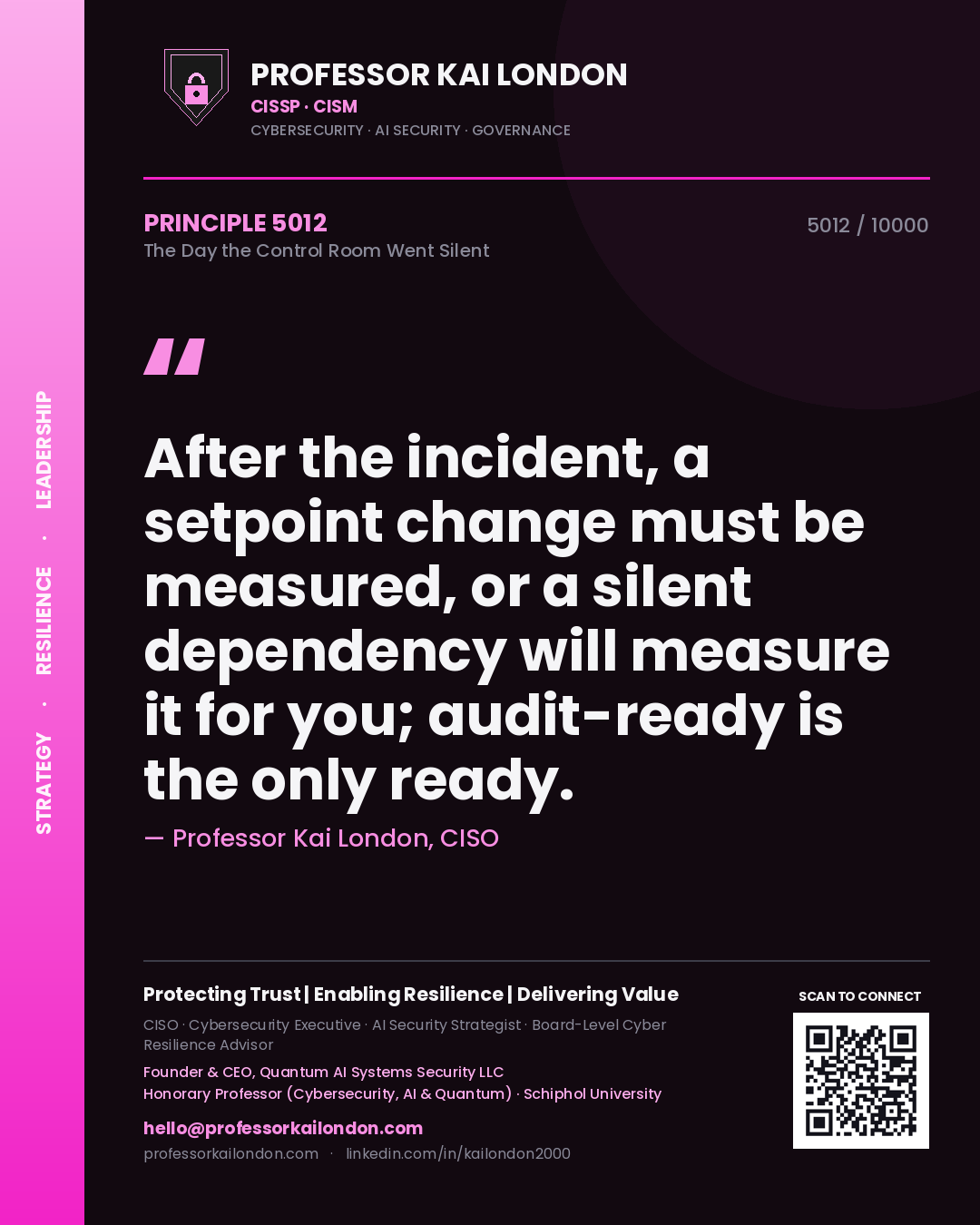 Professor Kai London principle 5012: After the incident, a setpoint change must be measured, or a silent dependency will measure it for you; audit-ready is the only ready.