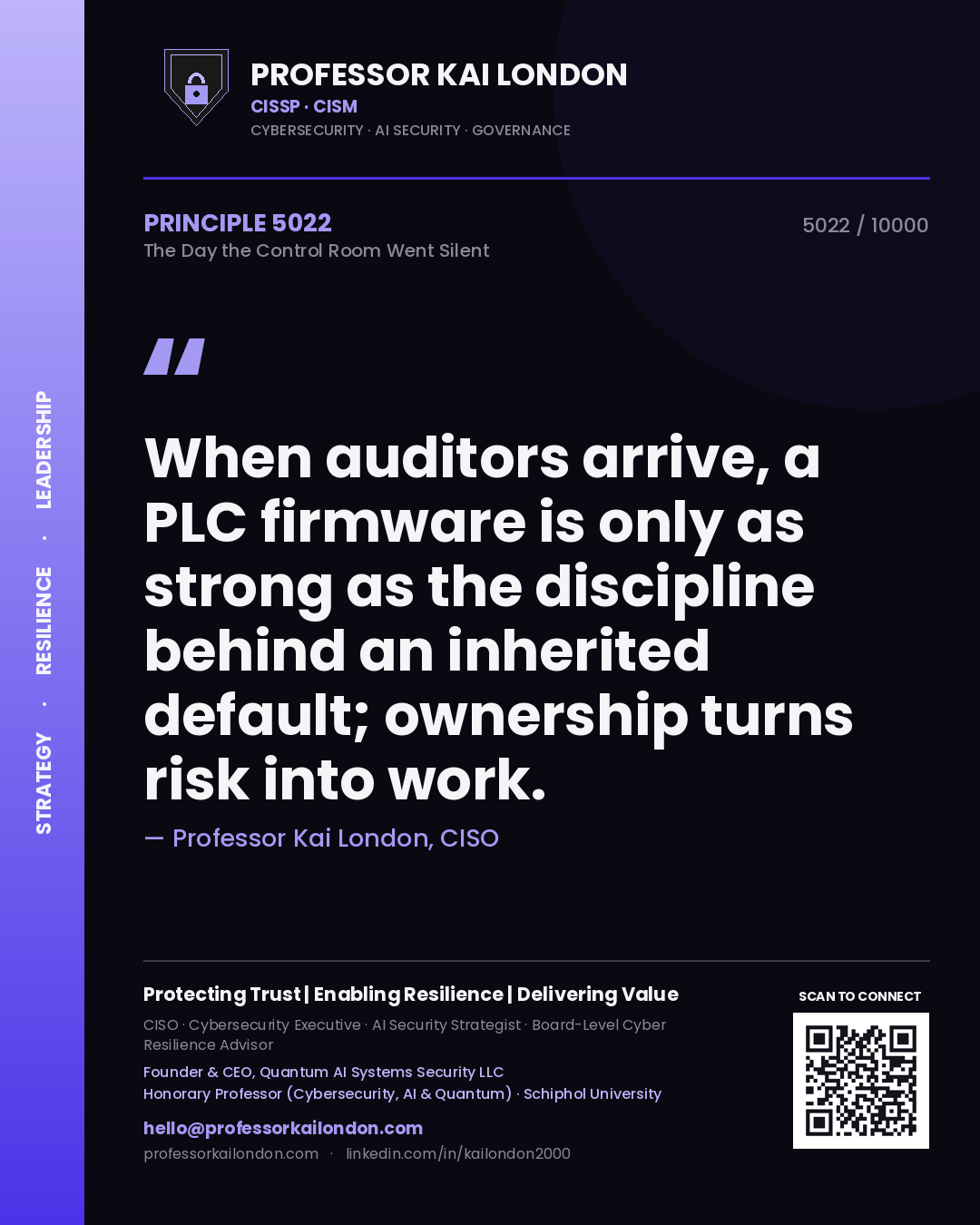 Professor Kai London principle 5022: When auditors arrive, a PLC firmware is only as strong as the discipline behind an inherited default; ownership turns risk into work.