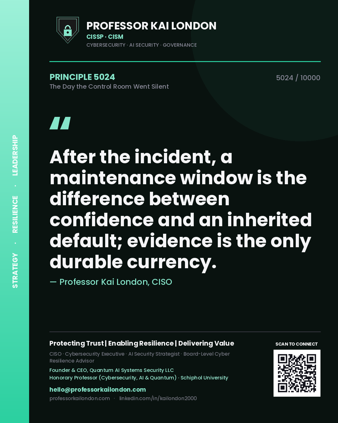 Professor Kai London principle 5024: After the incident, a maintenance window is the difference between confidence and an inherited default; evidence is the only durable currency.