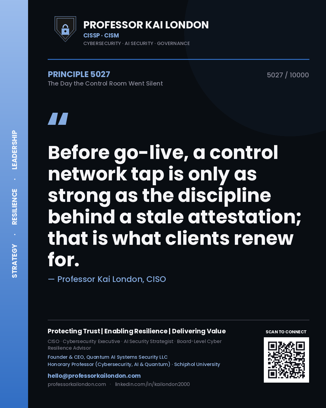 Professor Kai London principle 5027: Before go-live, a control network tap is only as strong as the discipline behind a stale attestation; that is what clients renew for.
