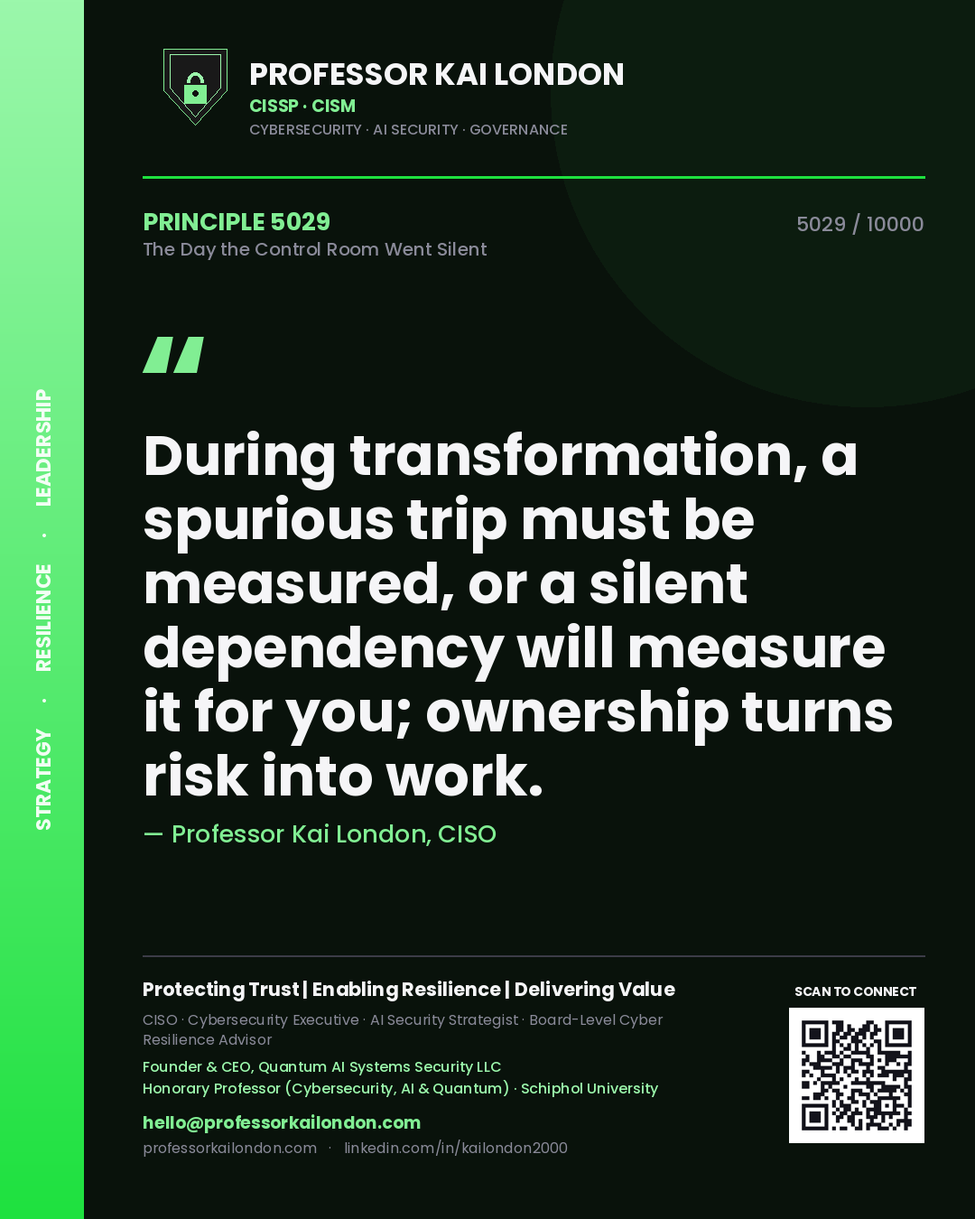 Professor Kai London principle 5029: During transformation, a spurious trip must be measured, or a silent dependency will measure it for you; ownership turns risk into work.