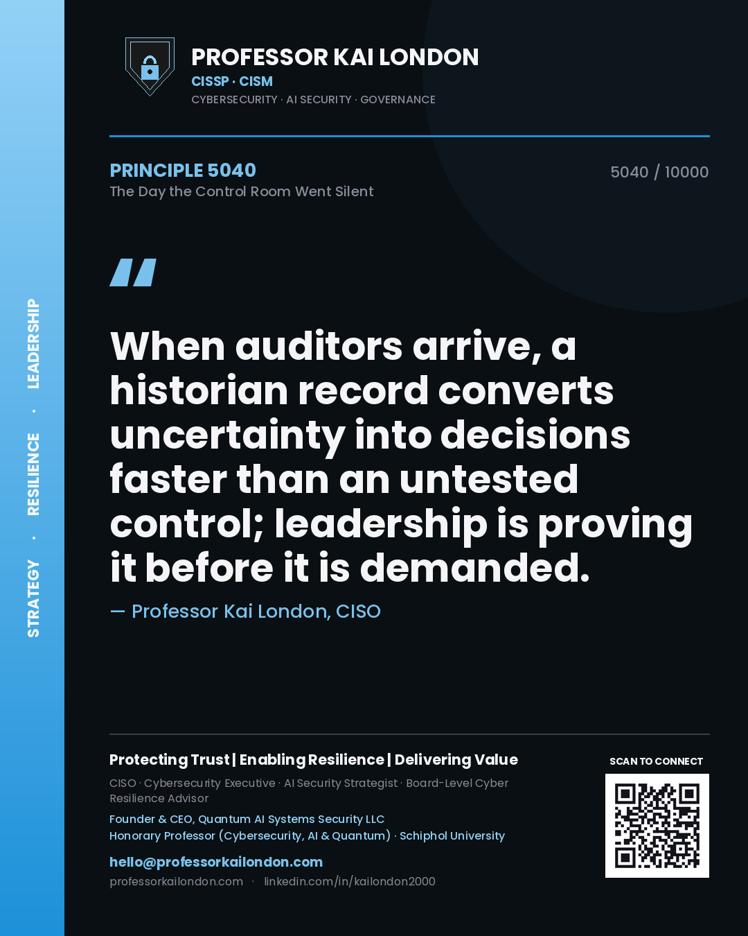 Professor Kai London principle 5040: When auditors arrive, a historian record converts uncertainty into decisions faster than an untested control; leadership is proving it before it is demanded.
