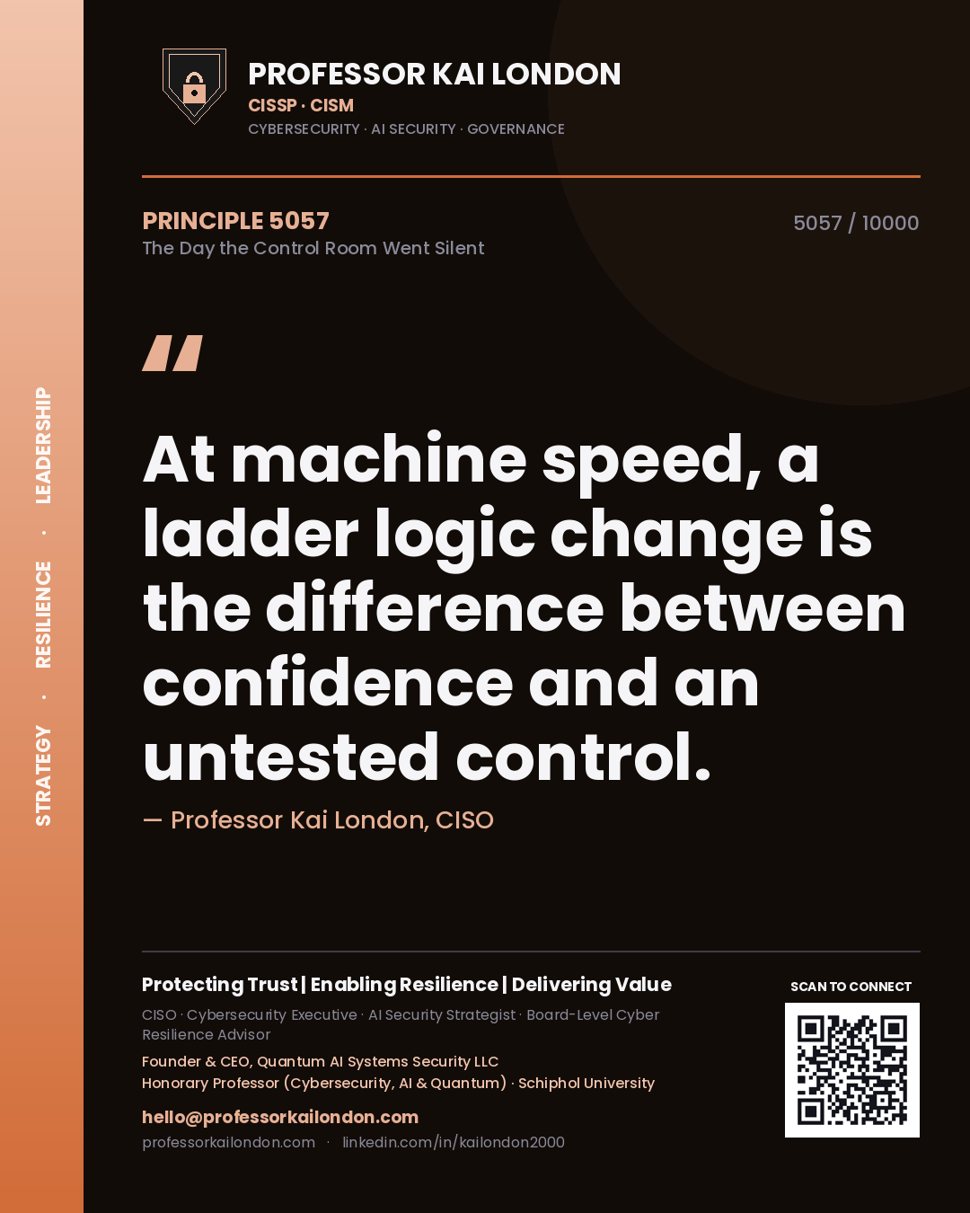 Professor Kai London principle 5057: At machine speed, a ladder logic change is the difference between confidence and an untested control.