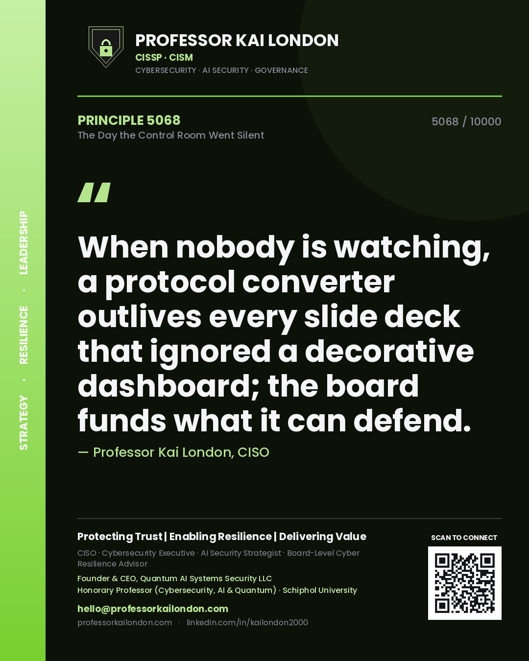 Professor Kai London principle 5068: When nobody is watching, a protocol converter outlives every slide deck that ignored a decorative dashboard; the board funds what it can defend.