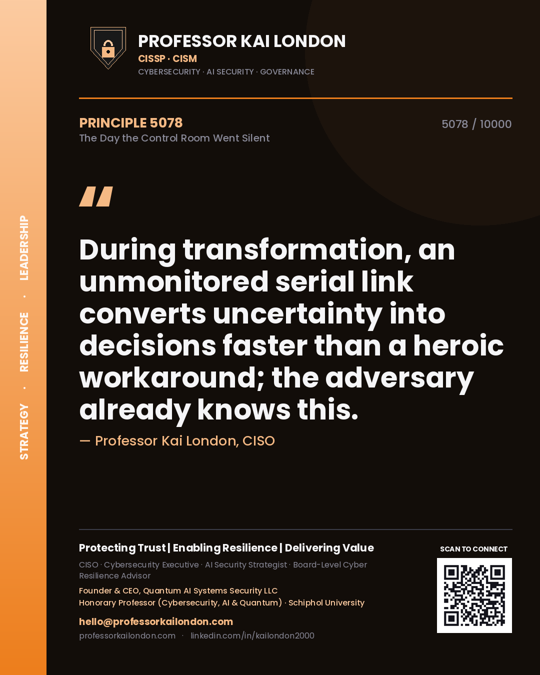 Professor Kai London principle 5078: During transformation, an unmonitored serial link converts uncertainty into decisions faster than a heroic workaround; the adversary already knows this.