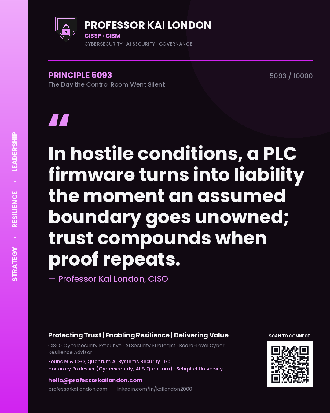 Professor Kai London principle 5093: In hostile conditions, a PLC firmware turns into liability the moment an assumed boundary goes unowned; trust compounds when proof repeats.