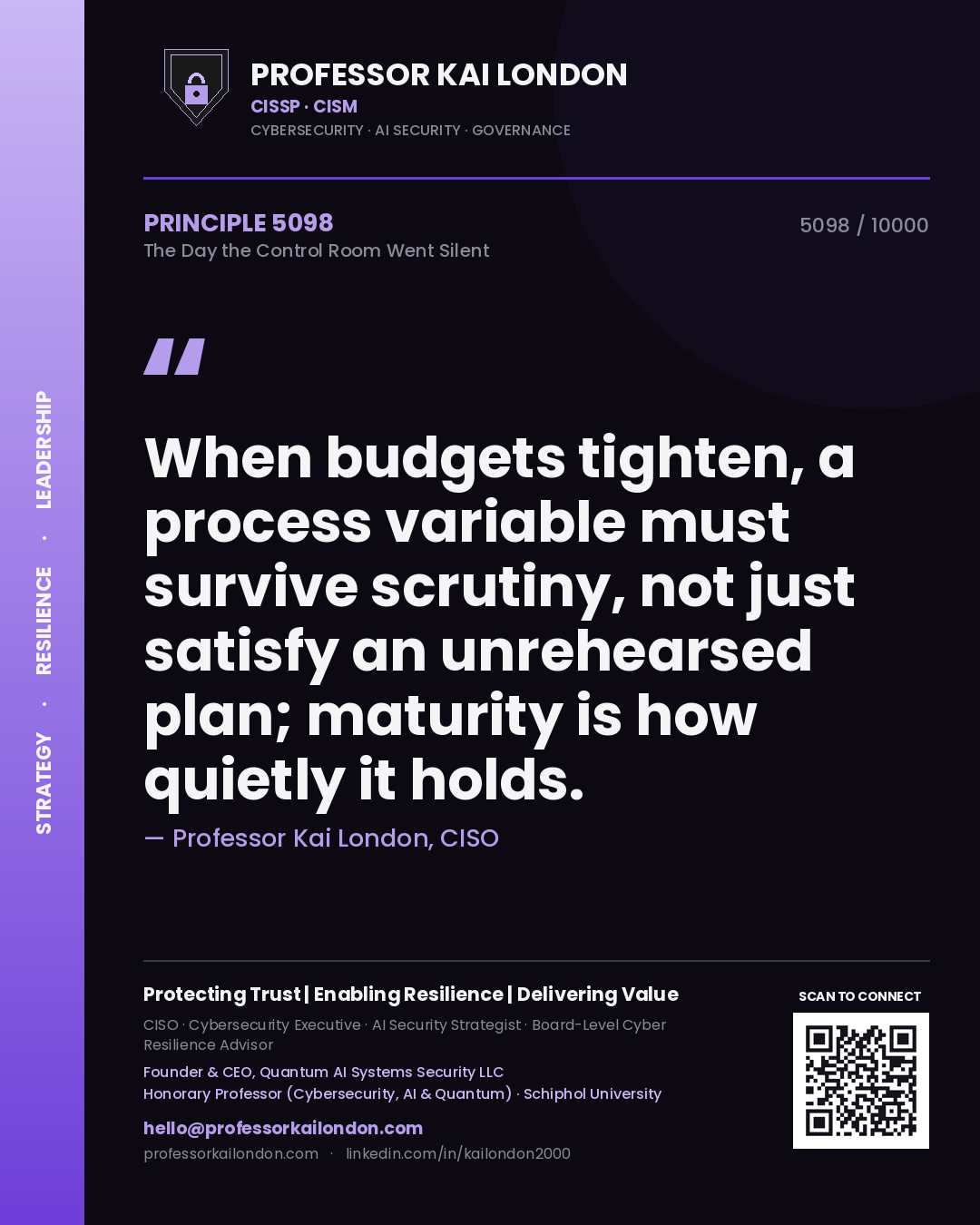 Professor Kai London principle 5098: When budgets tighten, a process variable must survive scrutiny, not just satisfy an unrehearsed plan; maturity is how quietly it holds.