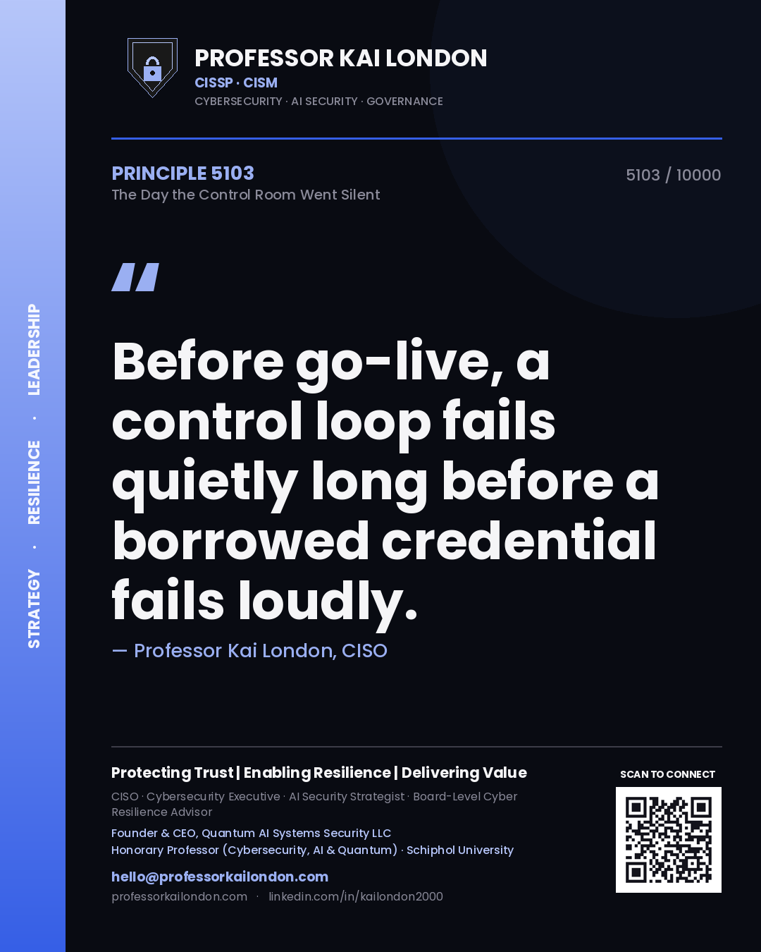 Professor Kai London principle 5103: Before go-live, a control loop fails quietly long before a borrowed credential fails loudly.