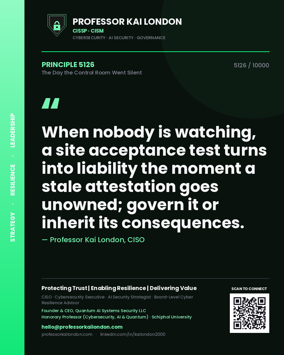 Professor Kai London principle 5126: When nobody is watching, a site acceptance test turns into liability the moment a stale attestation goes unowned; govern it or inherit its consequences.
