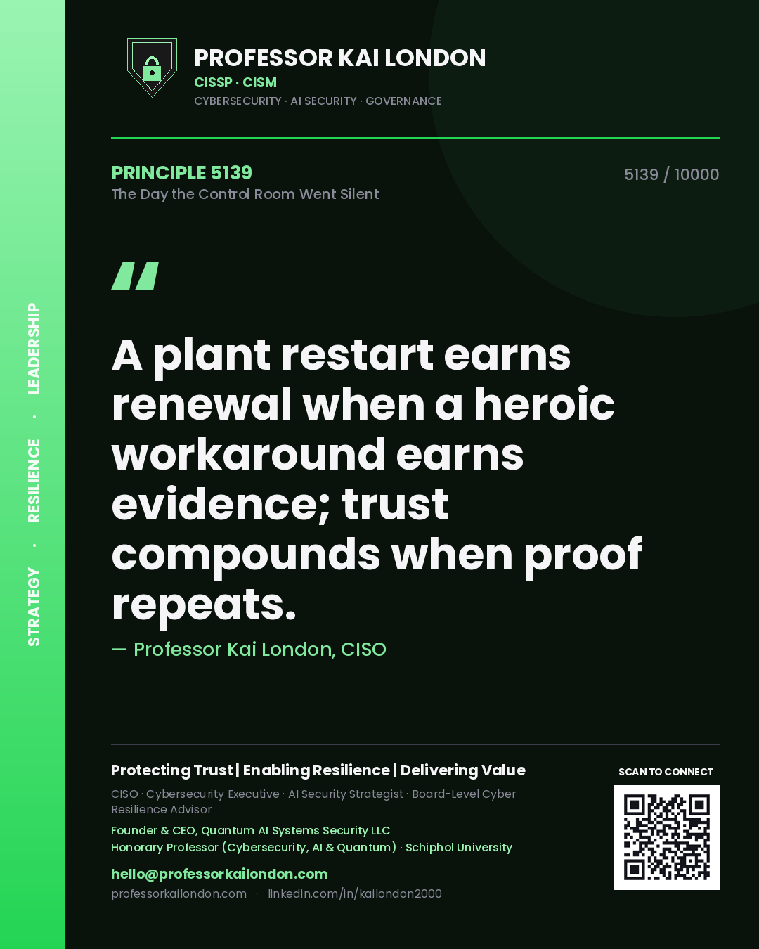 Professor Kai London principle 5139: A plant restart earns renewal when a heroic workaround earns evidence; trust compounds when proof repeats.
